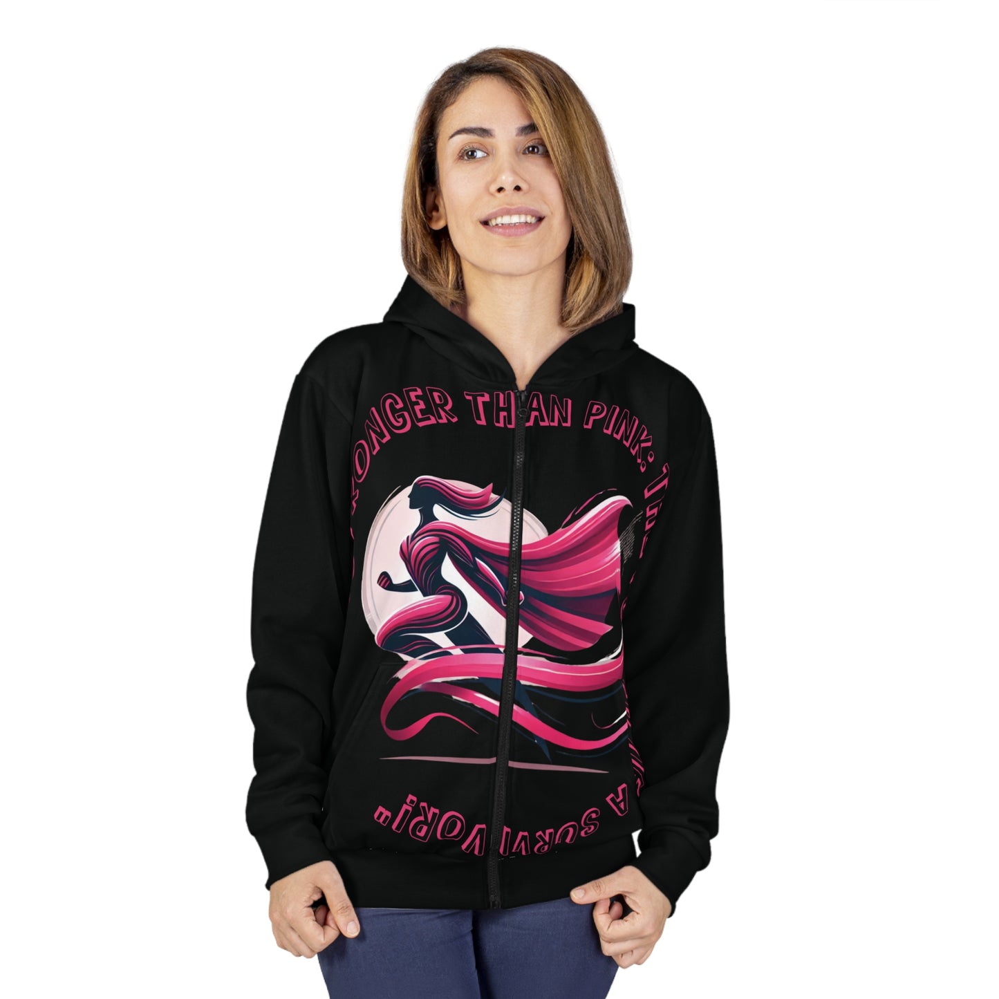 Carroll's Edition (Black) "Stronger Than Pink" - Unisex Zip Hoodie (AOP) - Creatively Designed Shop