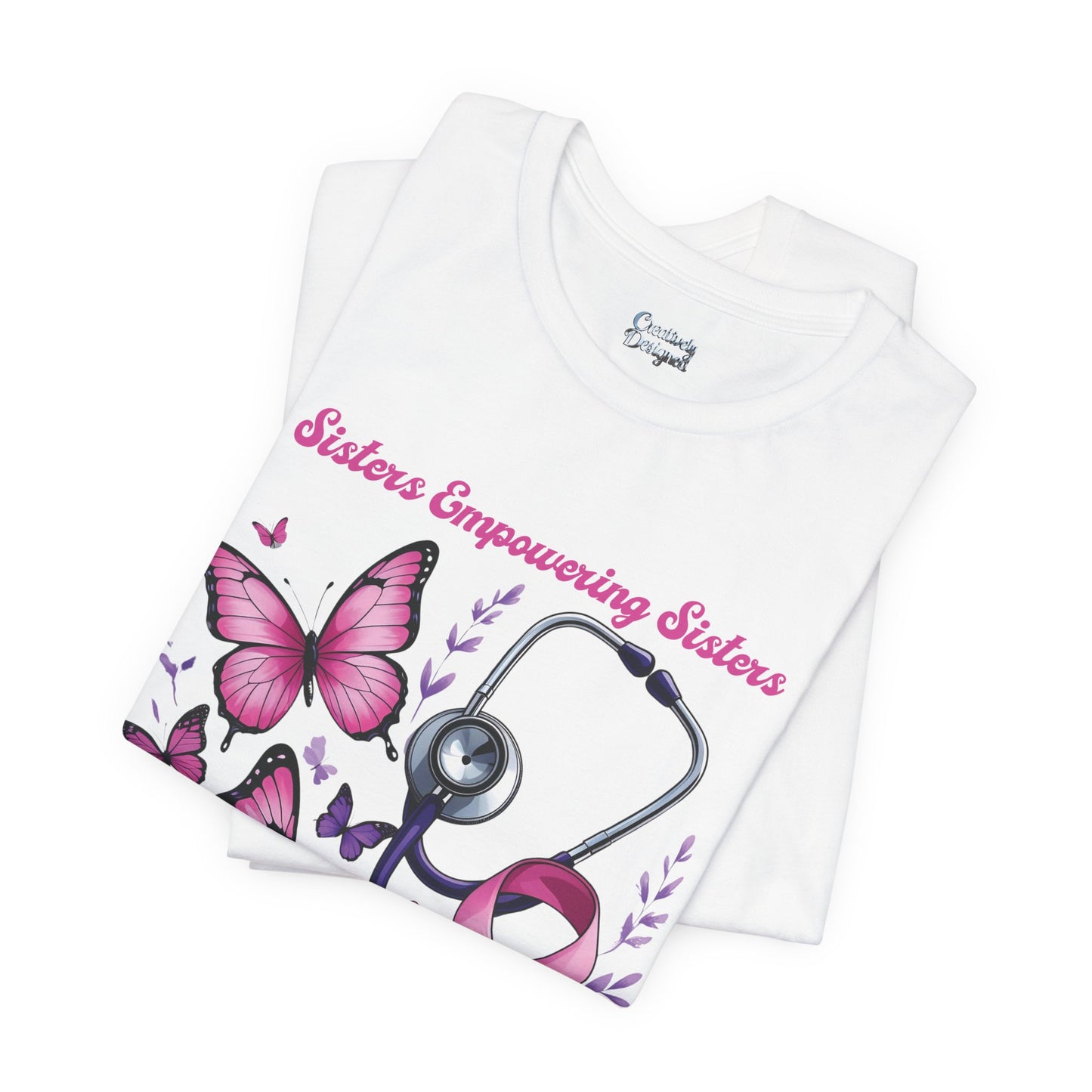 SES Breast Cancer Awareness "Butterflies, Ribbon & Stethoscope" - Unisex Jersey Short Sleeve Tee