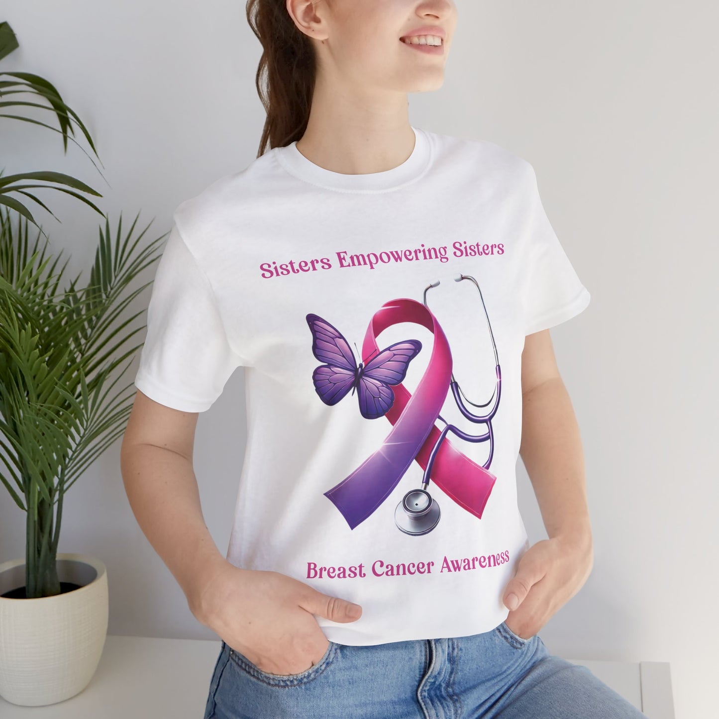 SES Breast Cancer Awareness - Butterfly, Ribbon, Stethoscope - Unisex Jersey Short Sleeve Tee