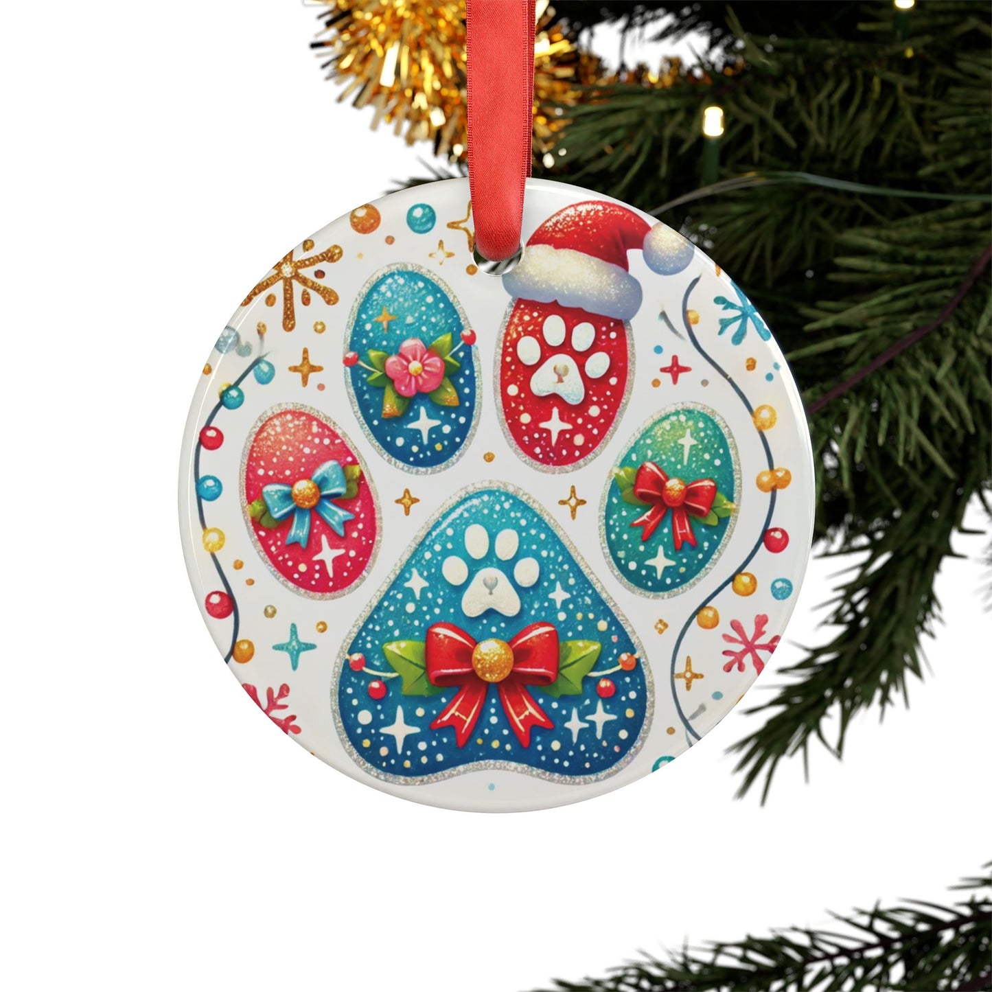 Festive Paw Print - Acrylic Ornament with Ribbon - Creatively Designed Shop