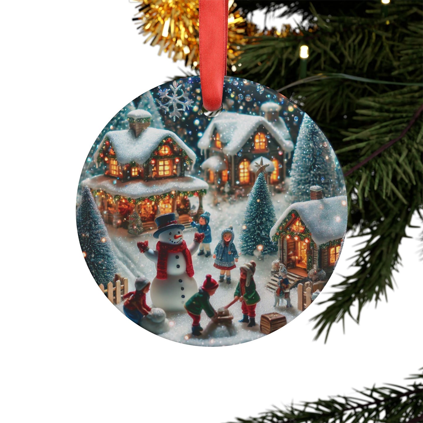 Winter Village Scene - Acrylic Ornament with Ribbon - Creatively Designed Shop