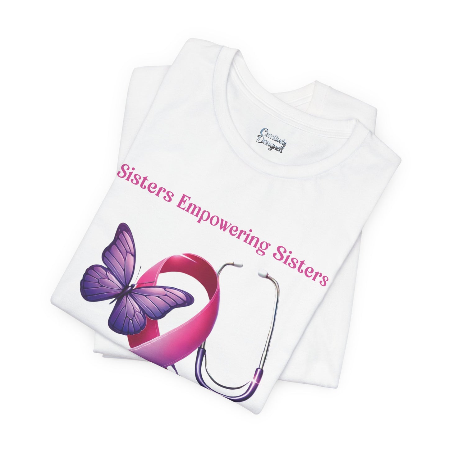SES Breast Cancer Awareness - Butterfly, Ribbon, Stethoscope - Unisex Jersey Short Sleeve Tee