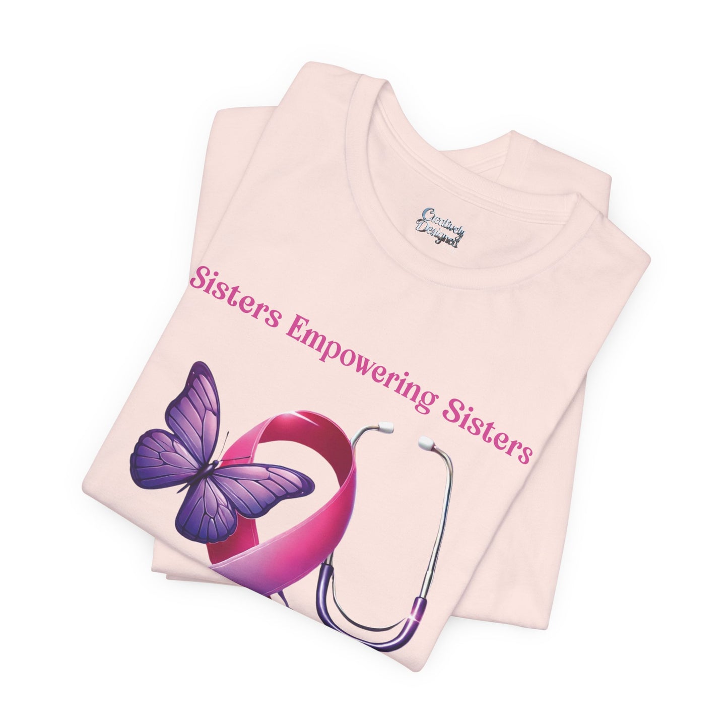 SES Breast Cancer Awareness - Butterfly, Ribbon, Stethoscope - Unisex Jersey Short Sleeve Tee