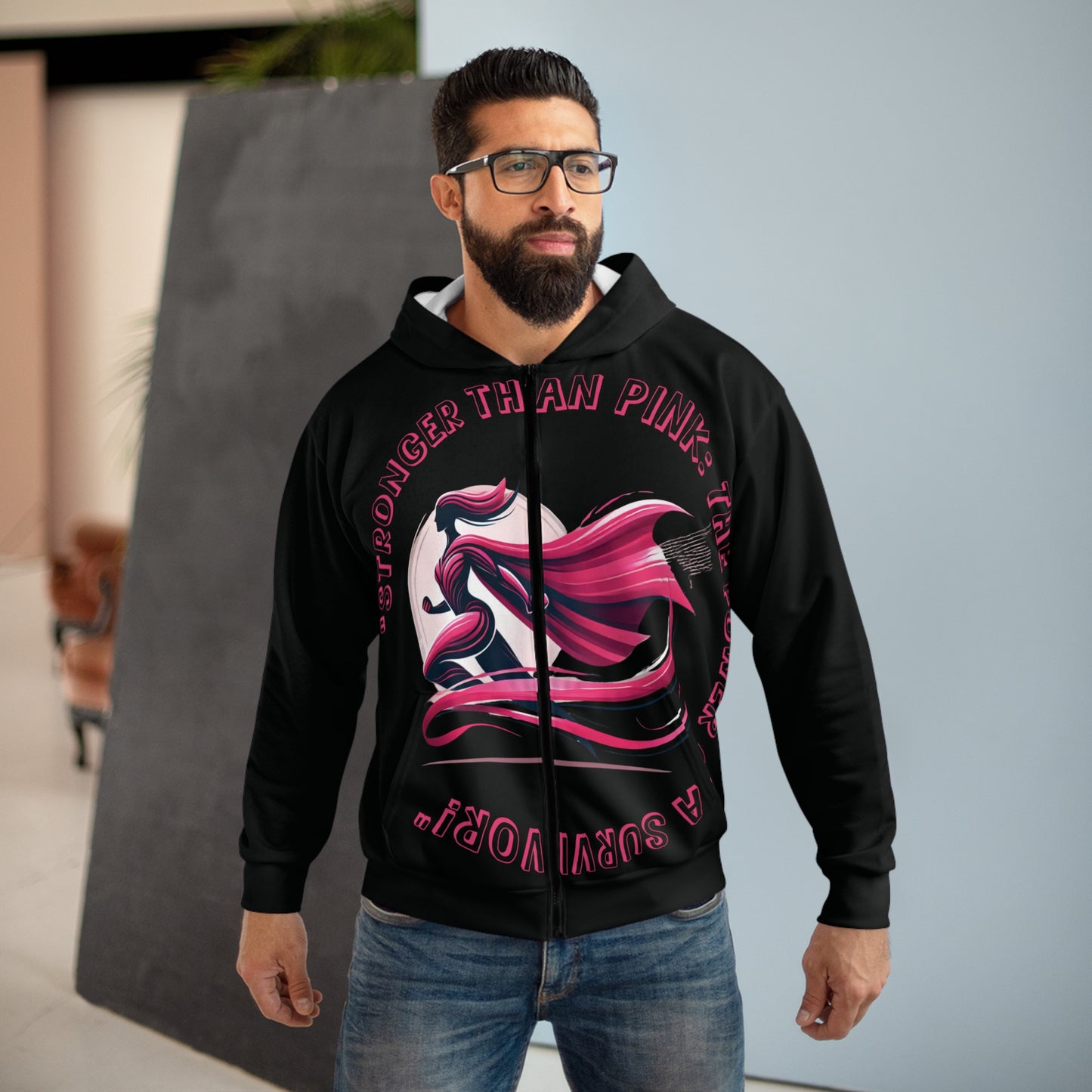 Carroll's Edition (Black) "Stronger Than Pink" - Unisex Zip Hoodie (AOP) - Creatively Designed Shop