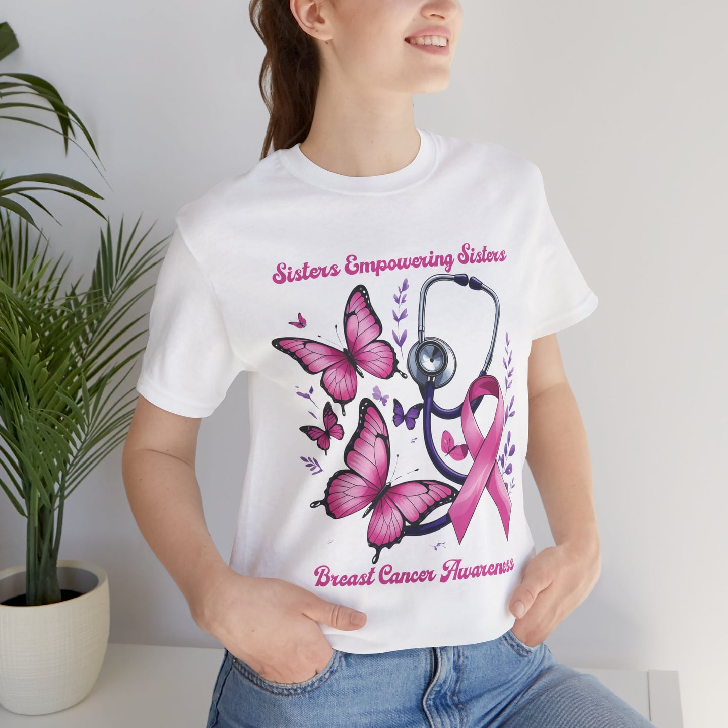 SES Breast Cancer Awareness "Butterflies, Ribbon & Stethoscope" - Unisex Jersey Short Sleeve Tee