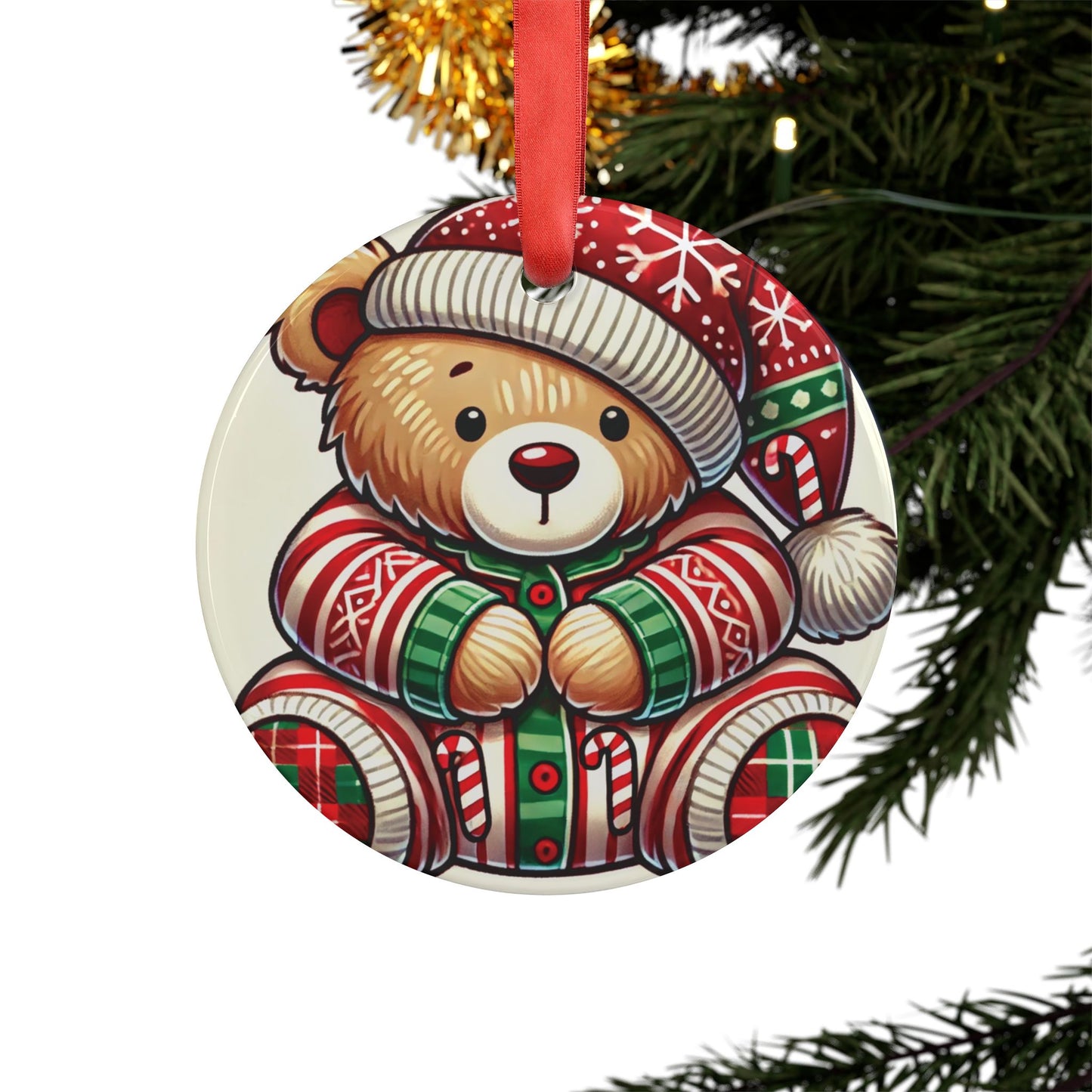 Teddy Bear in Pajamas - Acrylic Ornament with Ribbon - Creatively Designed Shop
