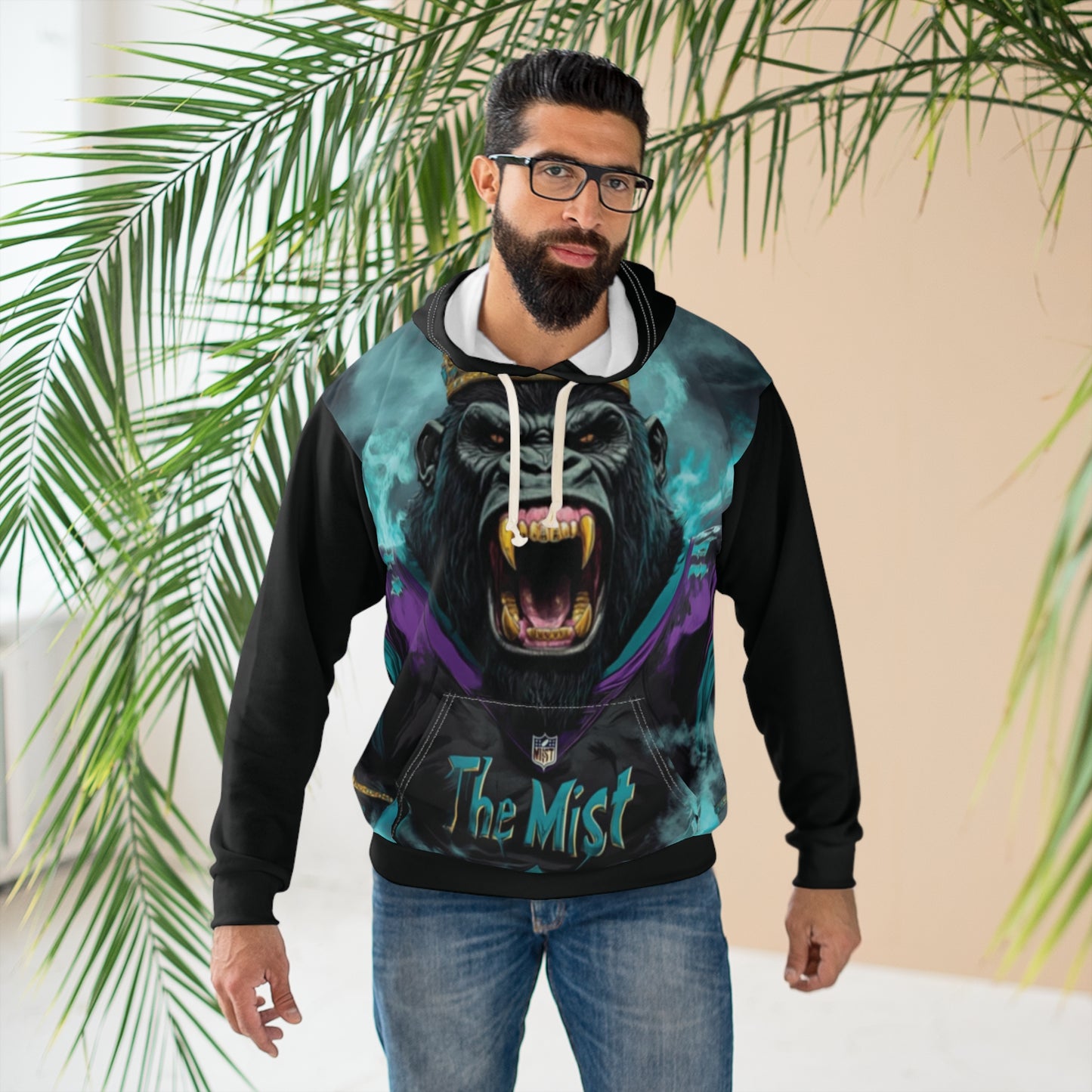 Gorilla in the Mist - Black Sleeves - Unisex Pullover Hoodie (AOP) - Creatively Designed Shop