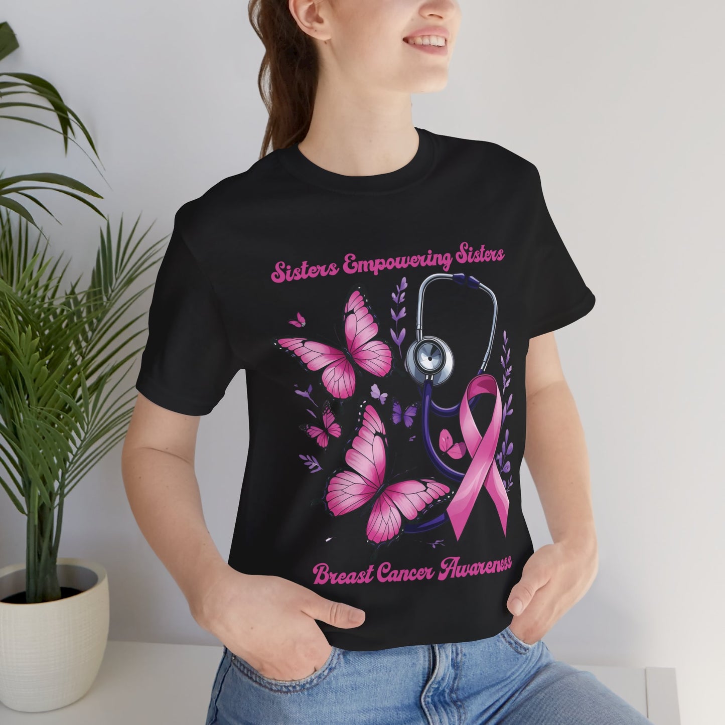 SES Breast Cancer Awareness "Butterflies, Ribbon & Stethoscope" - Unisex Jersey Short Sleeve Tee
