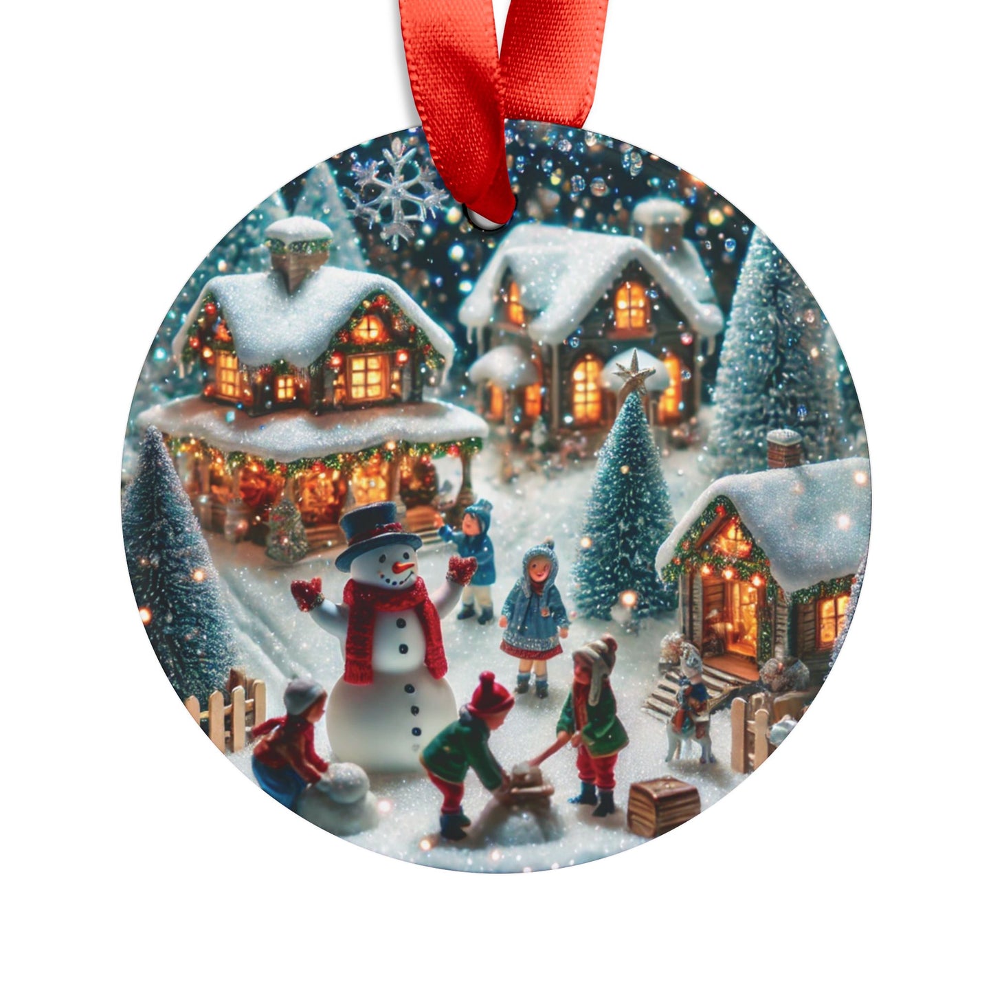 Winter Village Scene - Acrylic Ornament with Ribbon - Creatively Designed Shop