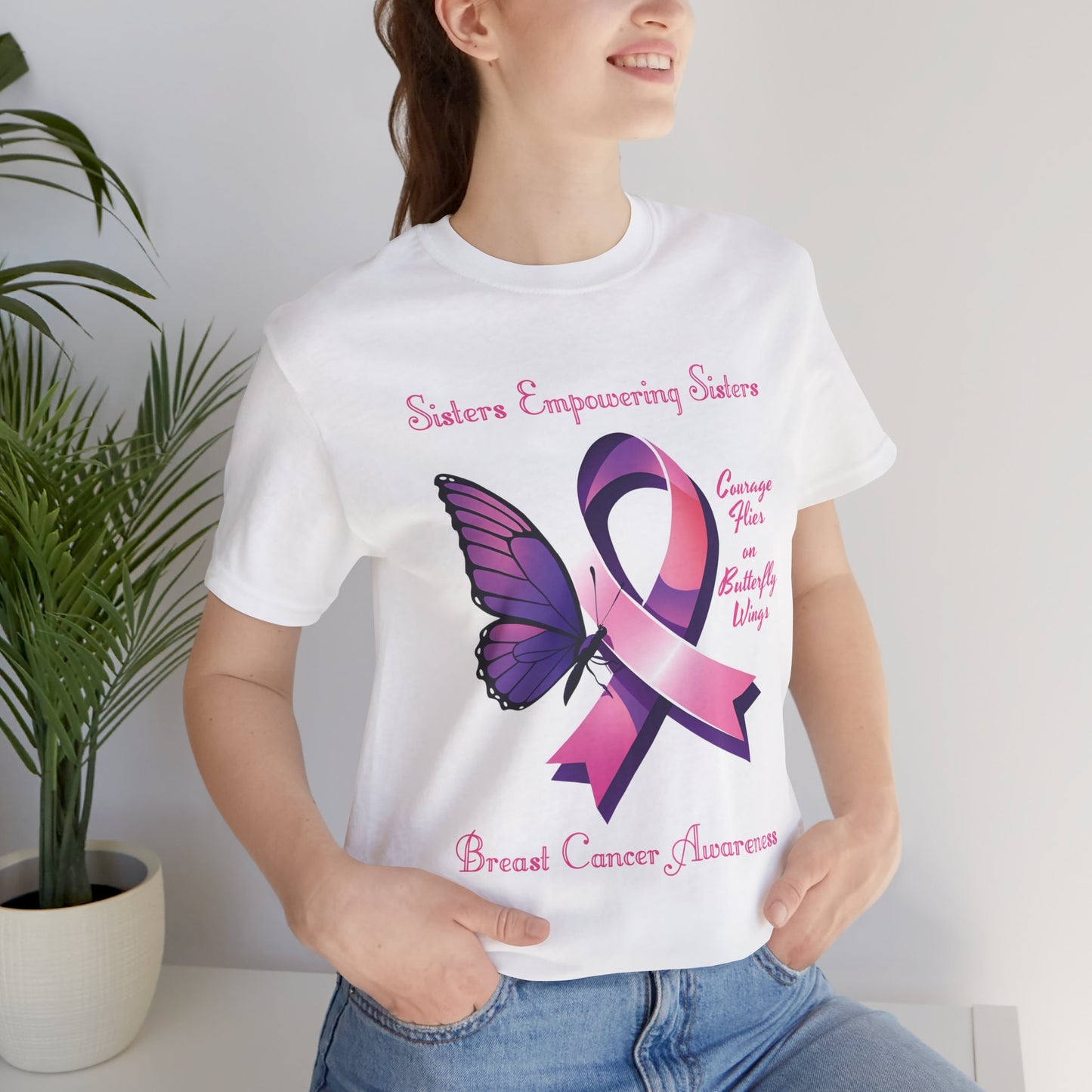 SES Breast Cancer Awareness "Courage Flies on Butterfly Wings" - Unisex Jersey Short Sleeve Tee