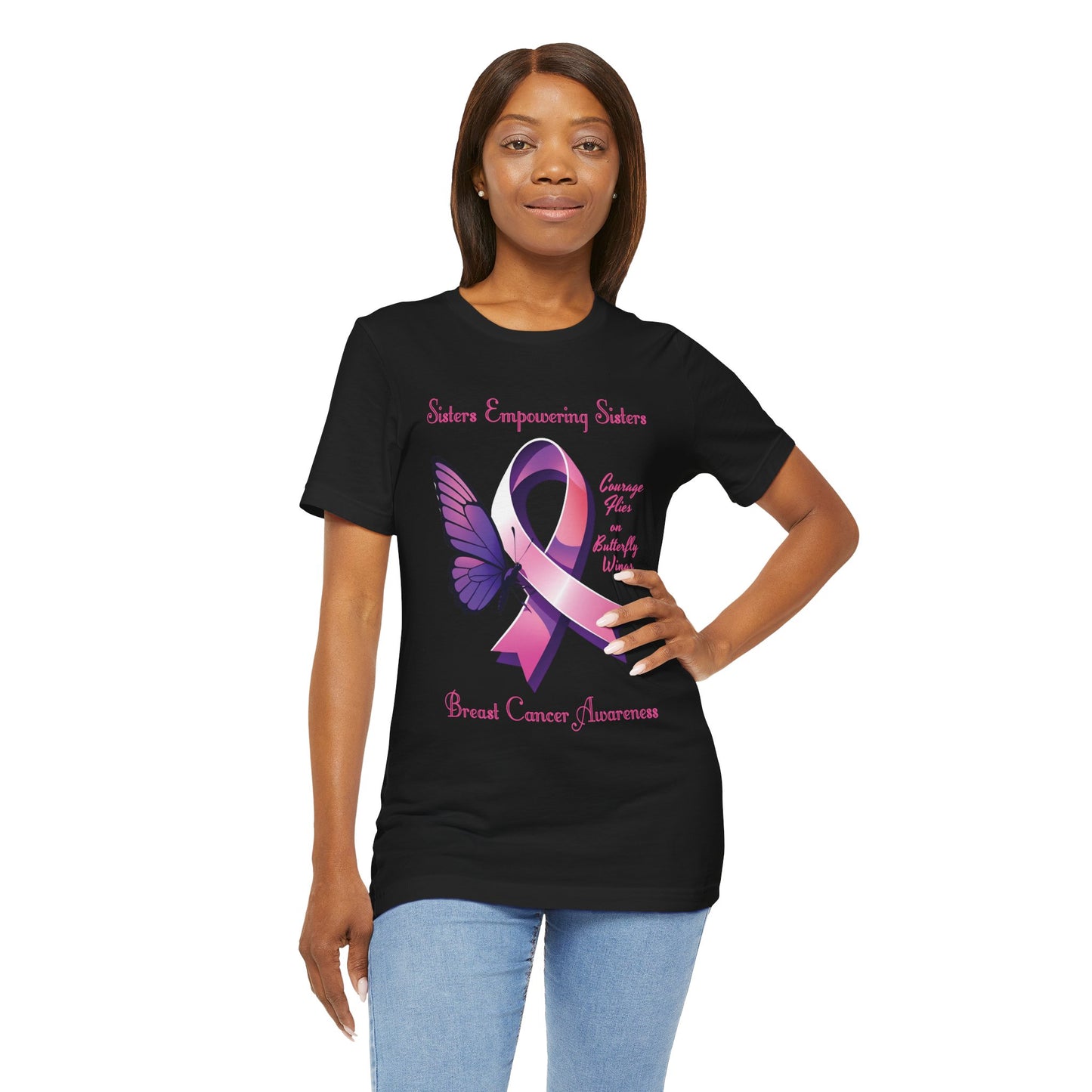 SES Breast Cancer Awareness "Courage Flies on Butterfly Wings" - Unisex Jersey Short Sleeve Tee