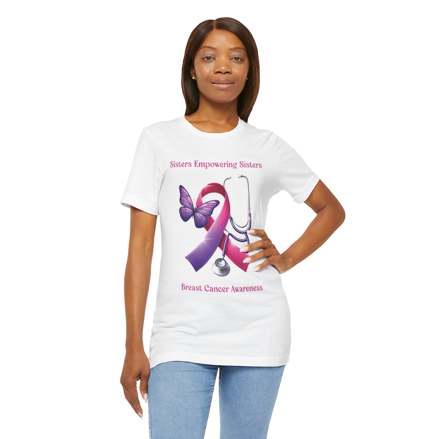 SES Breast Cancer Awareness - Butterfly, Ribbon, Stethoscope - Unisex Jersey Short Sleeve Tee