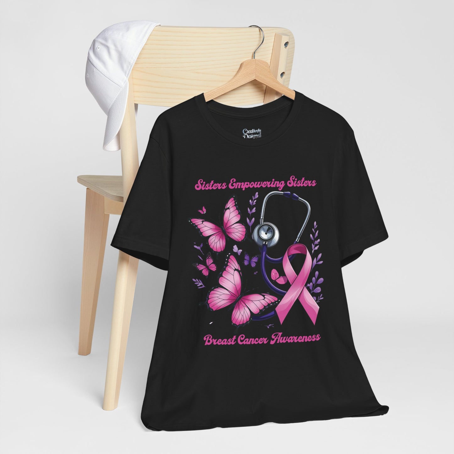 SES Breast Cancer Awareness "Butterflies, Ribbon & Stethoscope" - Unisex Jersey Short Sleeve Tee