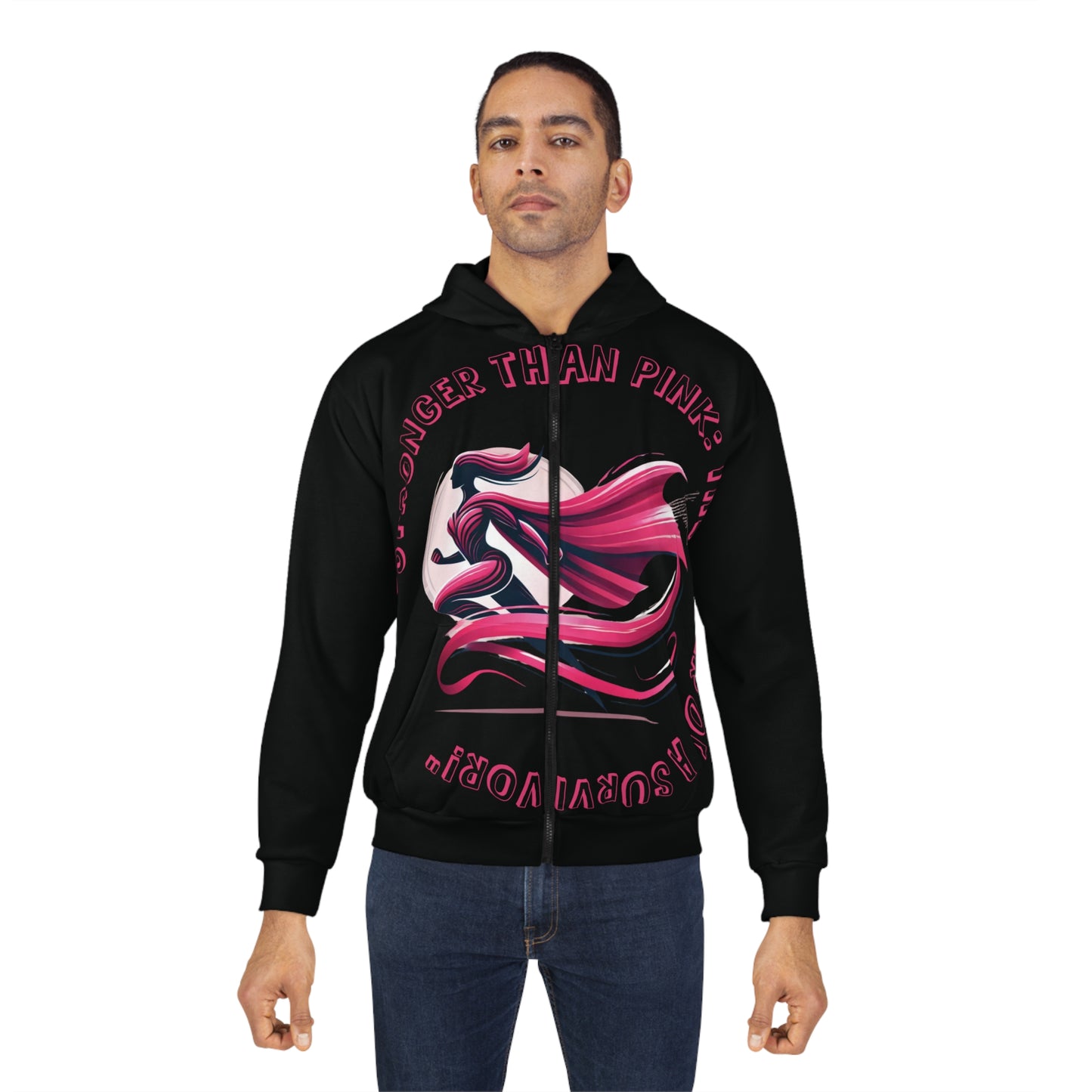 Carroll's Edition (Black) "Stronger Than Pink" - Unisex Zip Hoodie (AOP) - Creatively Designed Shop
