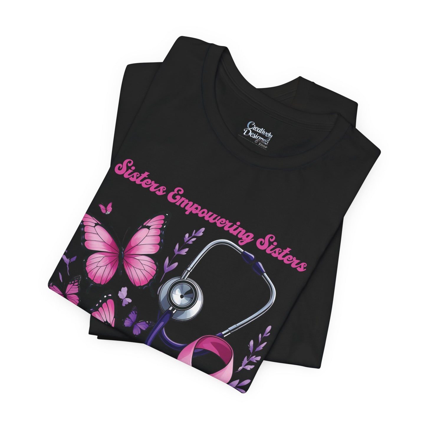 SES Breast Cancer Awareness "Butterflies, Ribbon & Stethoscope" - Unisex Jersey Short Sleeve Tee