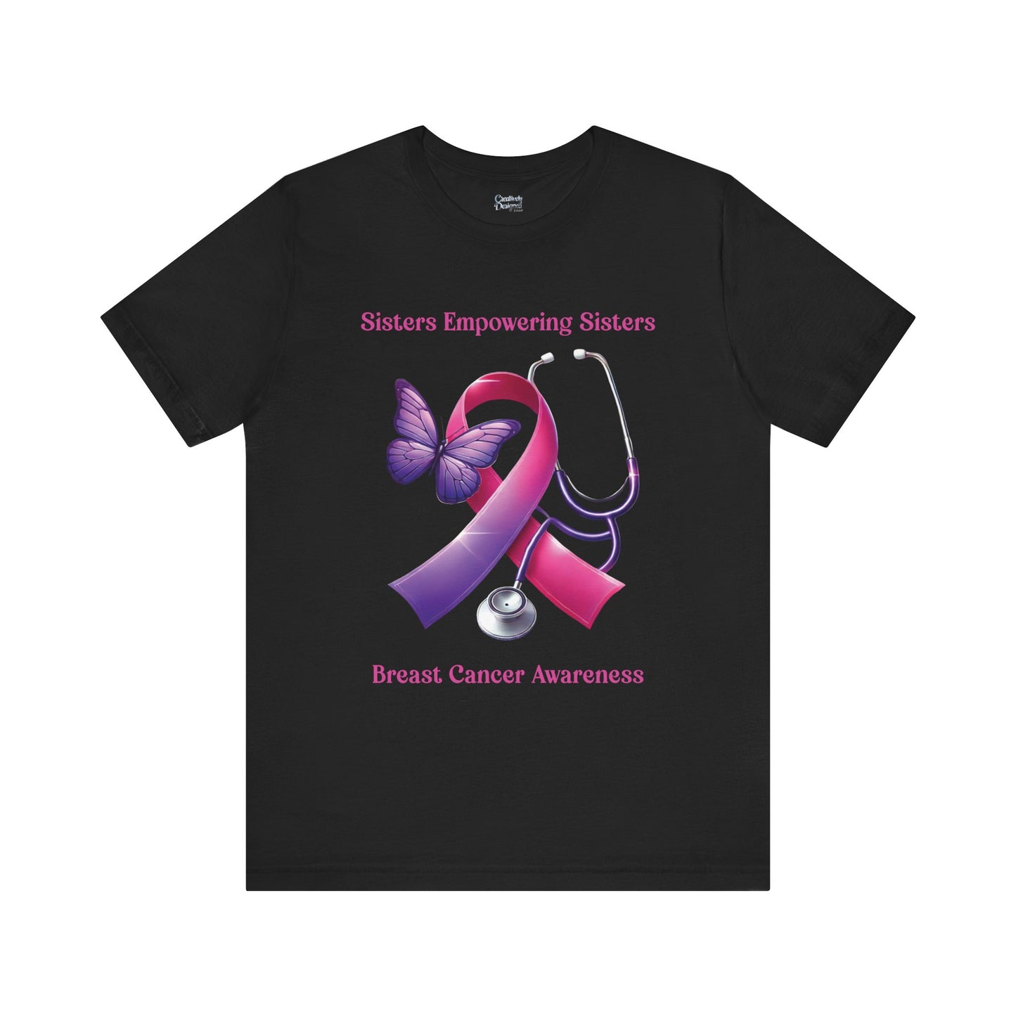 SES Breast Cancer Awareness - Butterfly, Ribbon, Stethoscope - Unisex Jersey Short Sleeve Tee