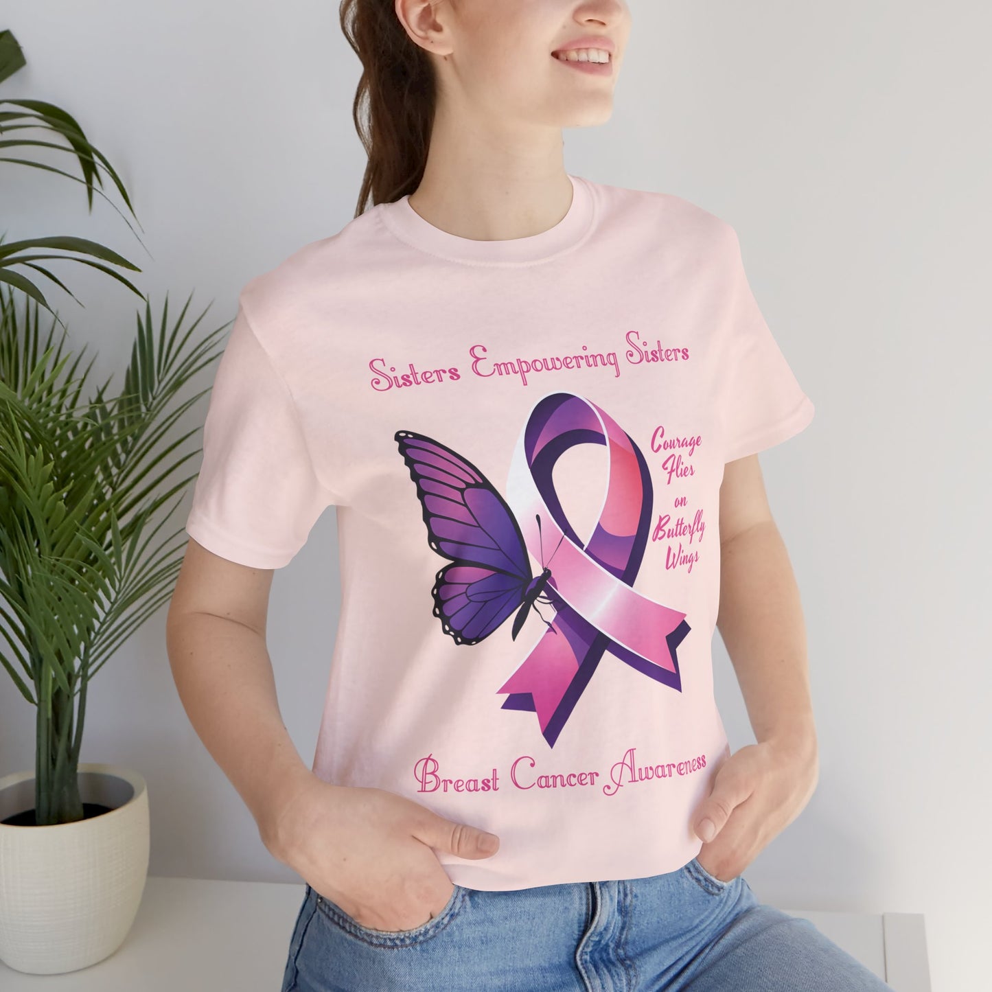 SES Breast Cancer Awareness "Courage Flies on Butterfly Wings" - Unisex Jersey Short Sleeve Tee