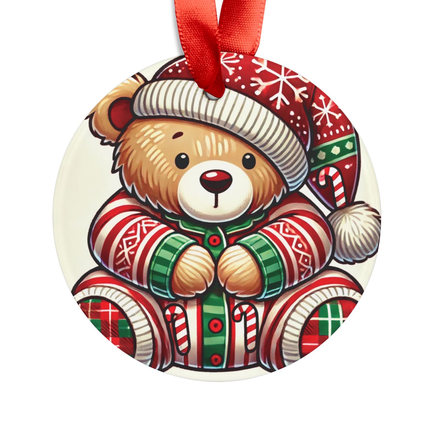 Teddy Bear in Pajamas - Acrylic Ornament with Ribbon - Creatively Designed Shop