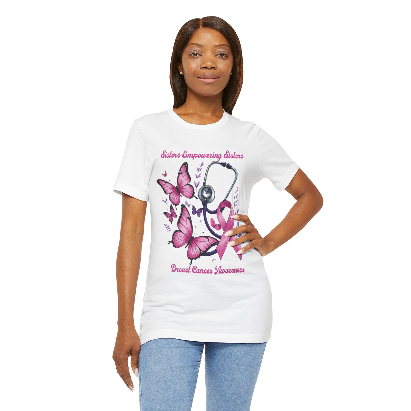 SES Breast Cancer Awareness "Butterflies, Ribbon & Stethoscope" - Unisex Jersey Short Sleeve Tee