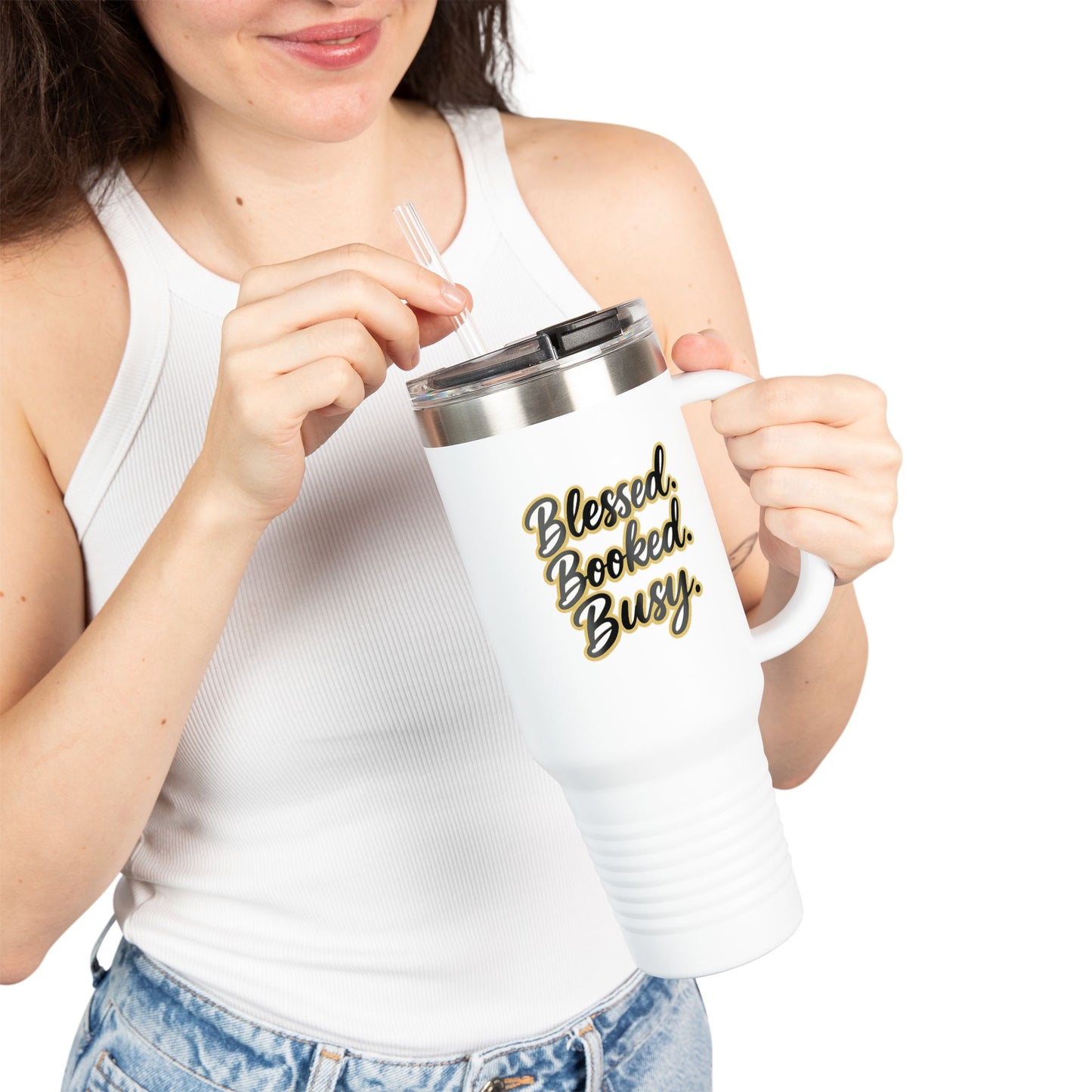 Blessed. Booked. Busy. - Insulated Travel Mug, 40oz
