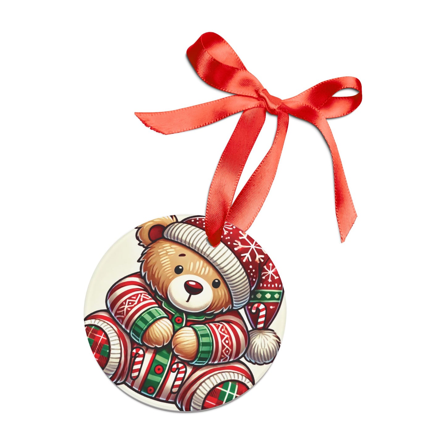 Teddy Bear in Pajamas - Acrylic Ornament with Ribbon - Creatively Designed Shop