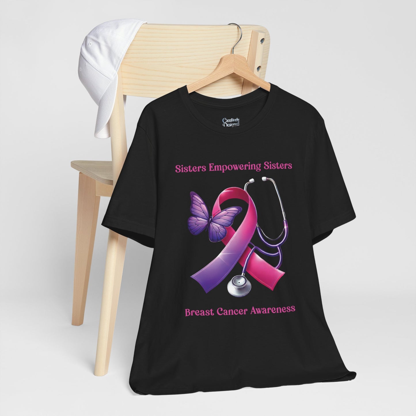 SES Breast Cancer Awareness - Butterfly, Ribbon, Stethoscope - Unisex Jersey Short Sleeve Tee