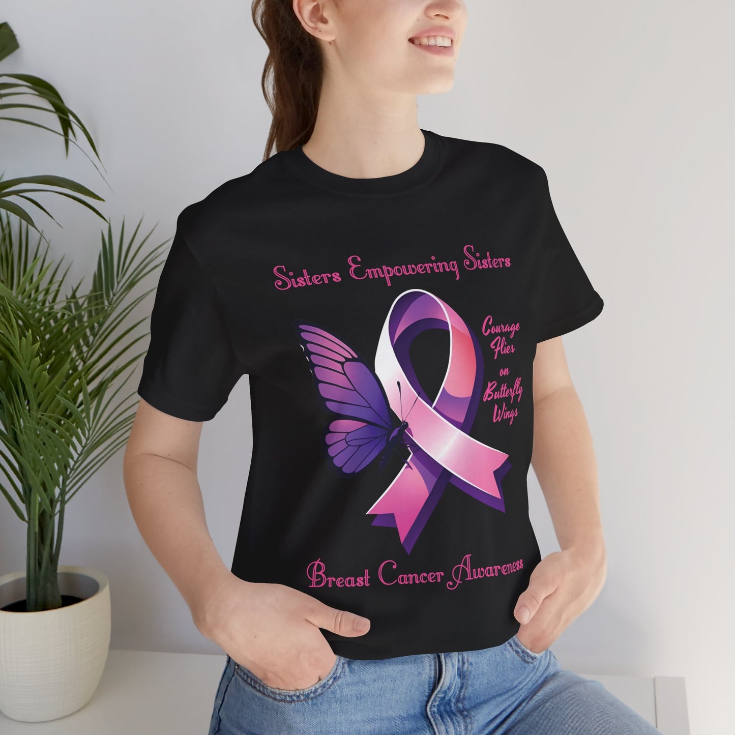 SES Breast Cancer Awareness "Courage Flies on Butterfly Wings" - Unisex Jersey Short Sleeve Tee