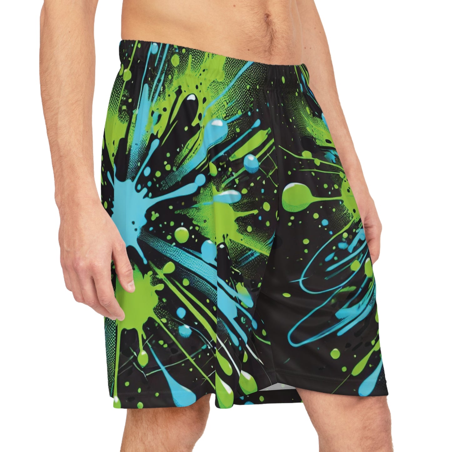 Green & Blue Paint Splatter - Basketball Shorts (AOP) - Creatively Designed Shop