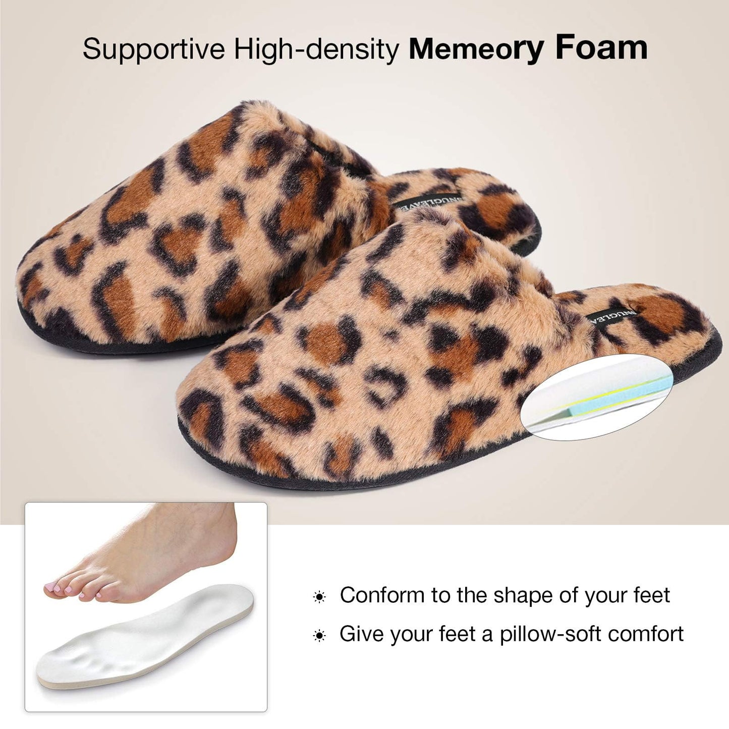 Snug Leaves Women's Fuzzy Scuff Slippers Soft Comfy Memory Foam Non-slip Indoor House Shoes (Cheetah Brown, Size 9-10)