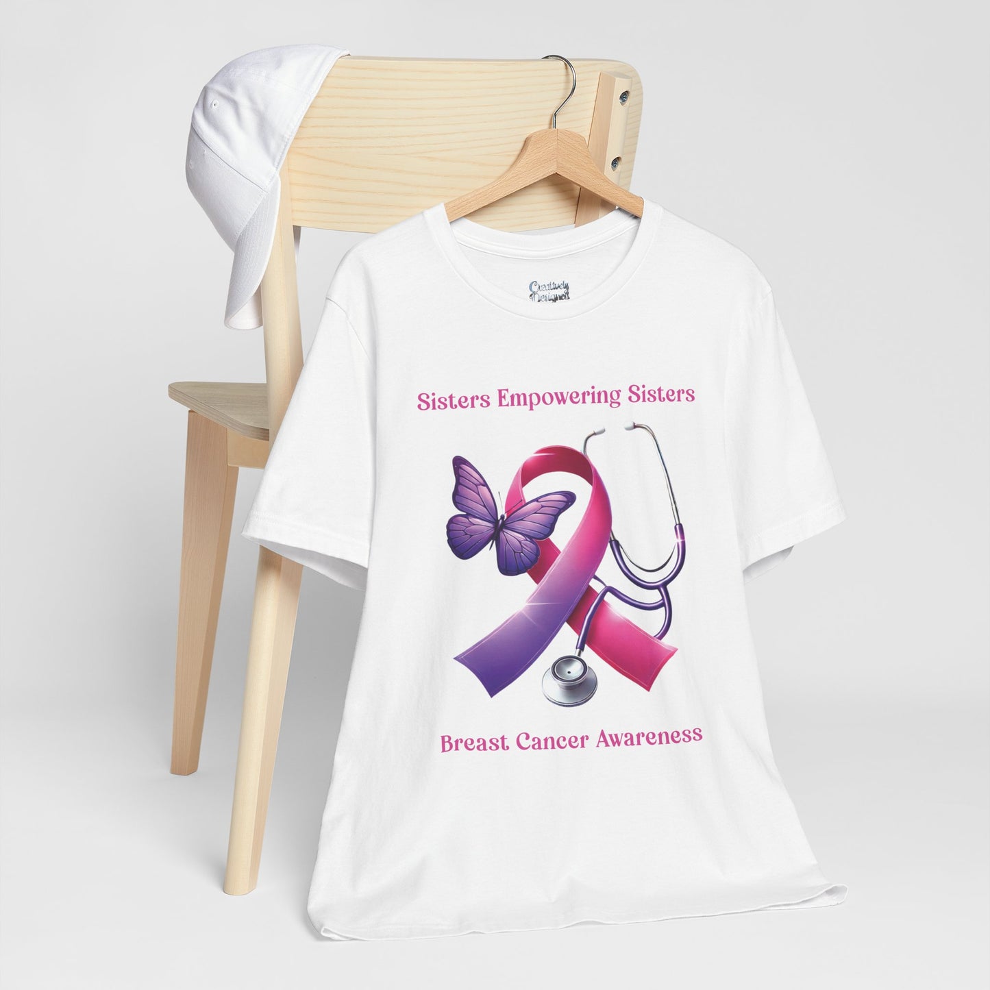 SES Breast Cancer Awareness - Butterfly, Ribbon, Stethoscope - Unisex Jersey Short Sleeve Tee