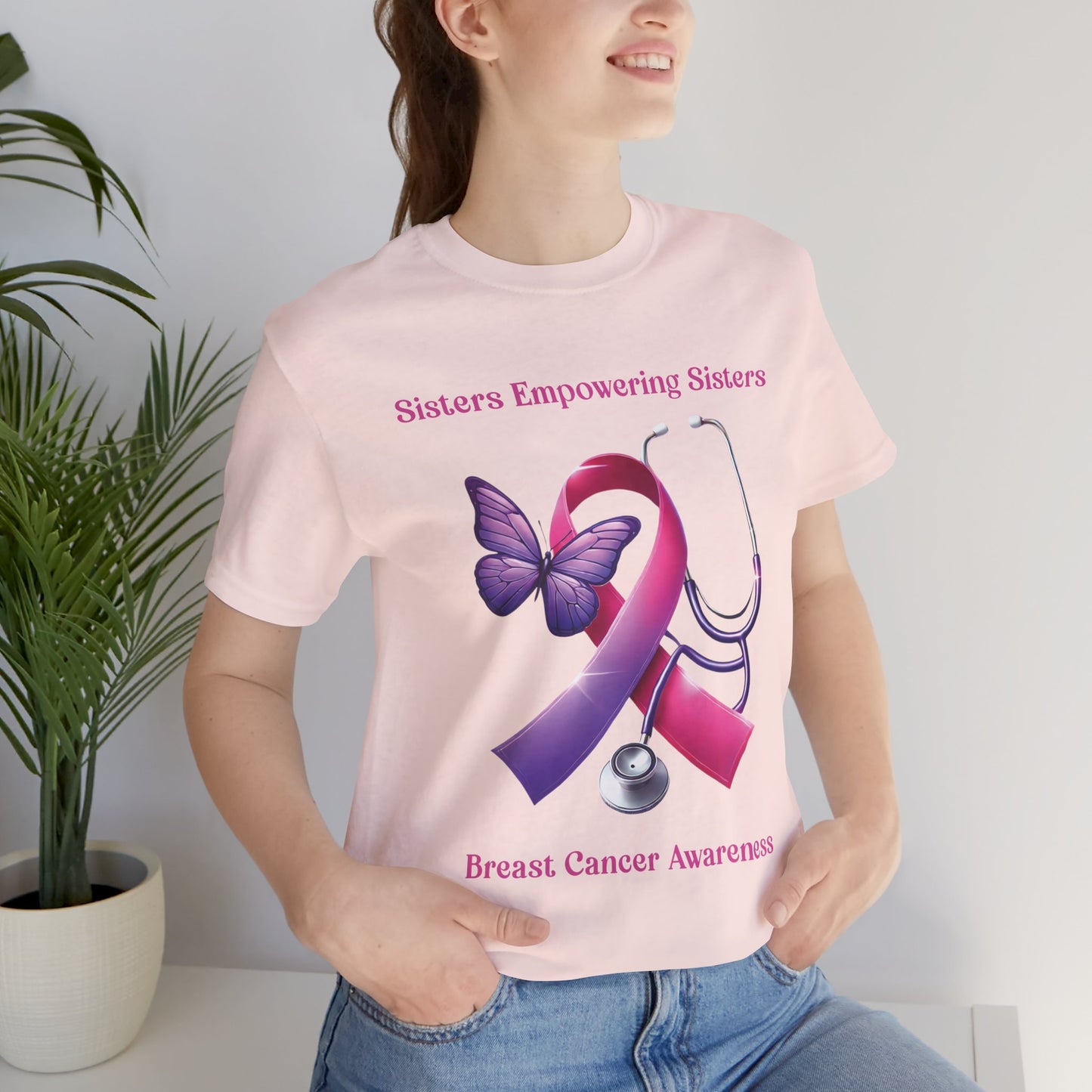SES Breast Cancer Awareness - Butterfly, Ribbon, Stethoscope - Unisex Jersey Short Sleeve Tee