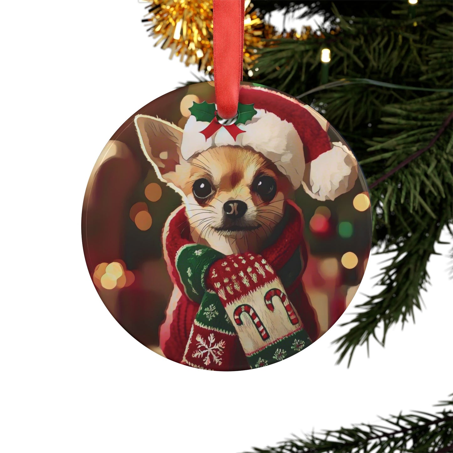 Merry Chihuahua Christmas - Acrylic Ornament with Ribbon - Creatively Designed Shop