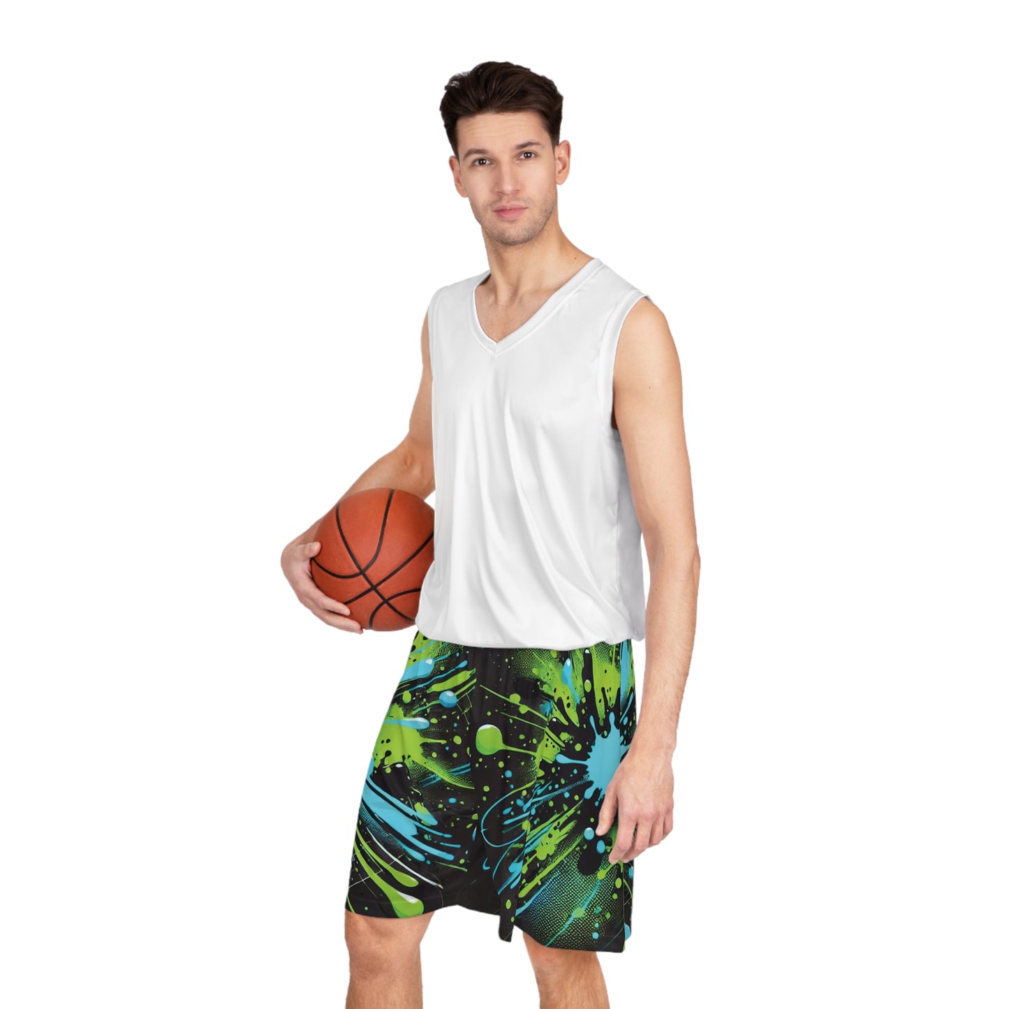 Green & Blue Paint Splatter - Basketball Shorts (AOP) - Creatively Designed Shop