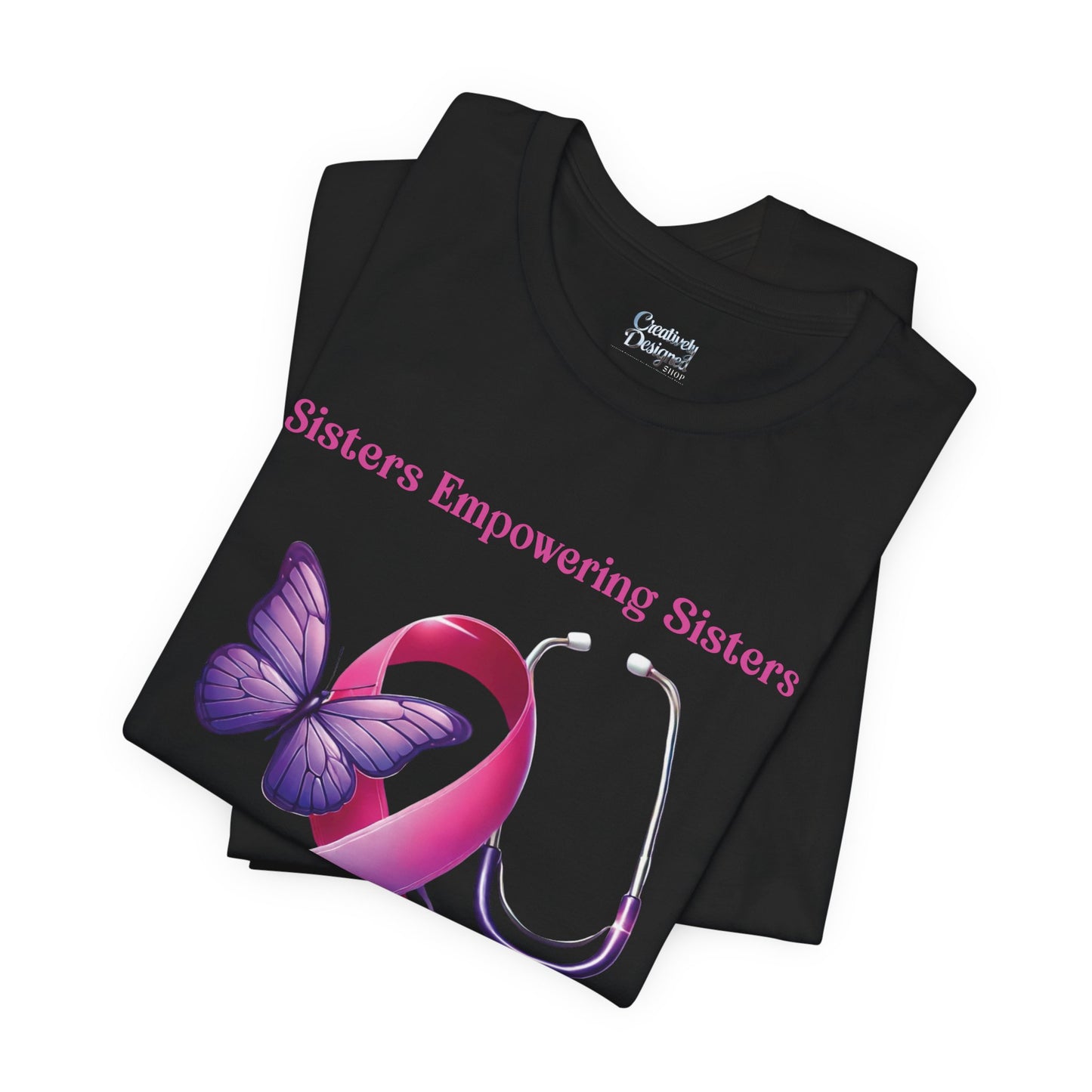 SES Breast Cancer Awareness - Butterfly, Ribbon, Stethoscope - Unisex Jersey Short Sleeve Tee