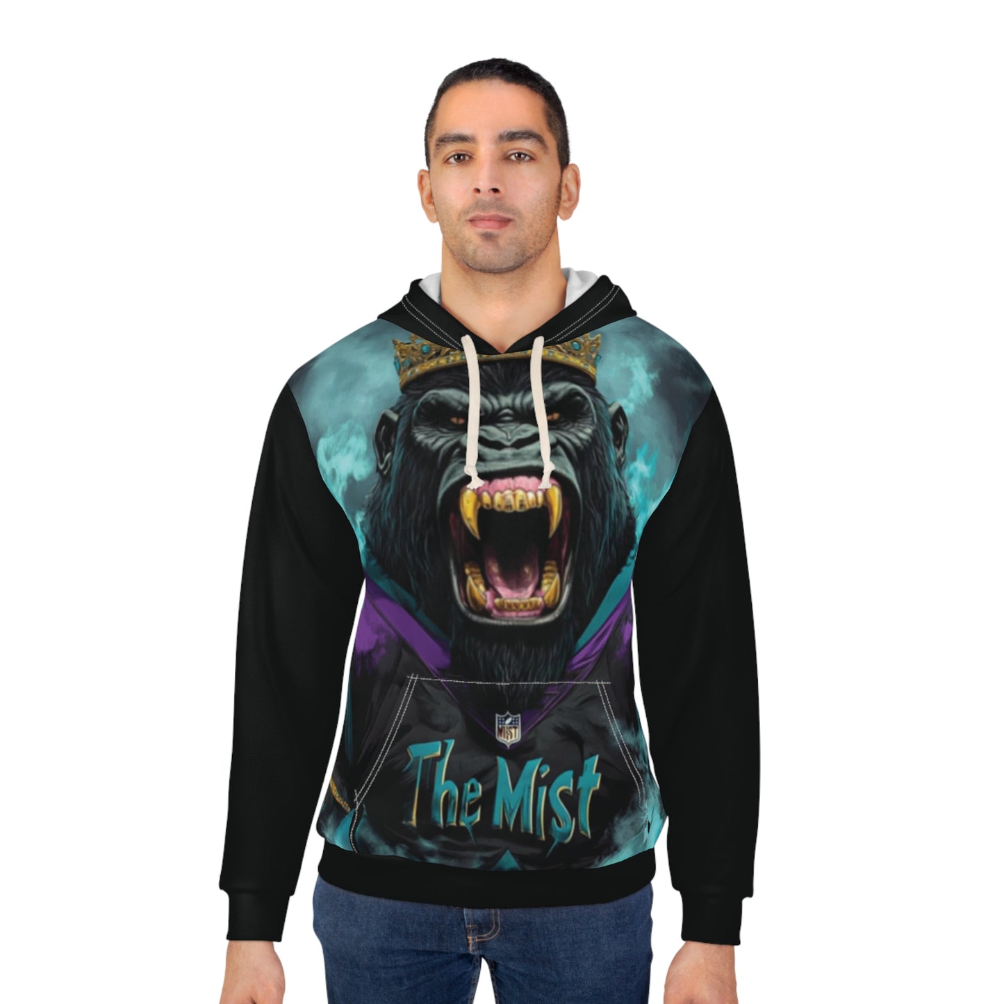 Gorilla in the Mist - Black Sleeves - Unisex Pullover Hoodie (AOP) - Creatively Designed Shop