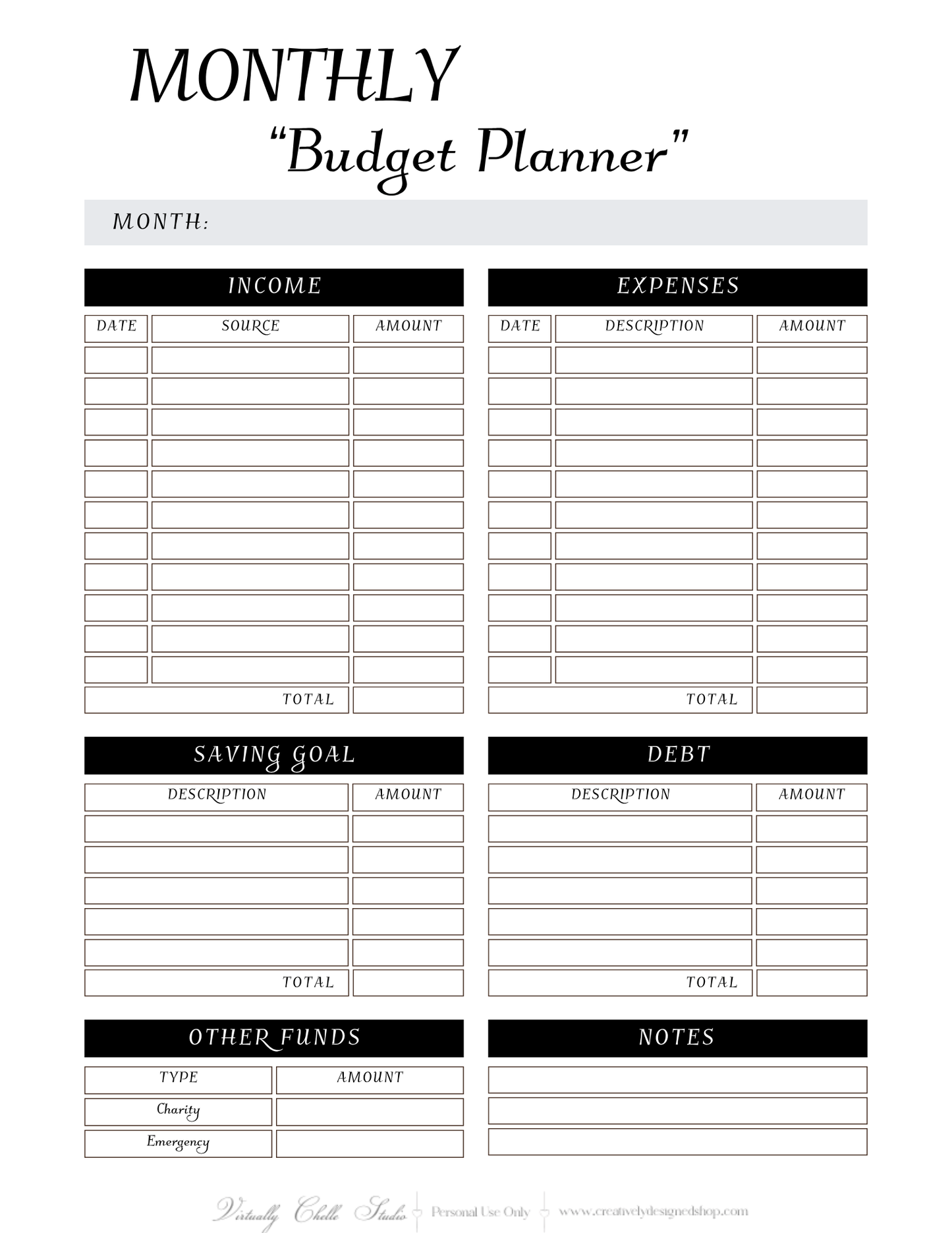 Life Planner - Monthly Budget Planner (Printable PDF) - B&W