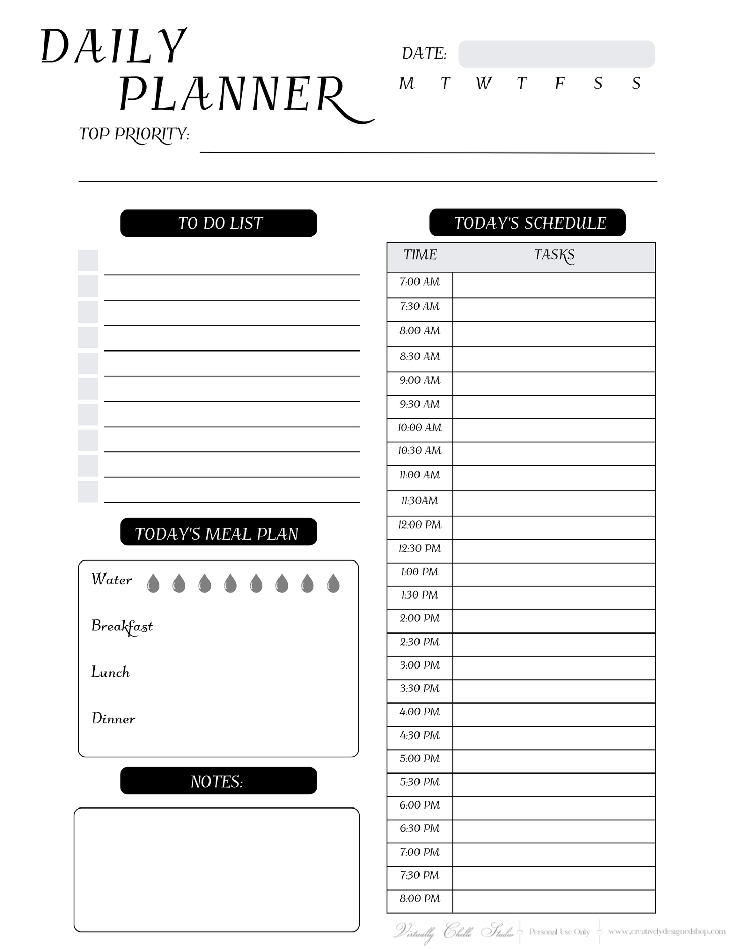 Life Planner - Daily Planner Page (Printable PDF) - B&W