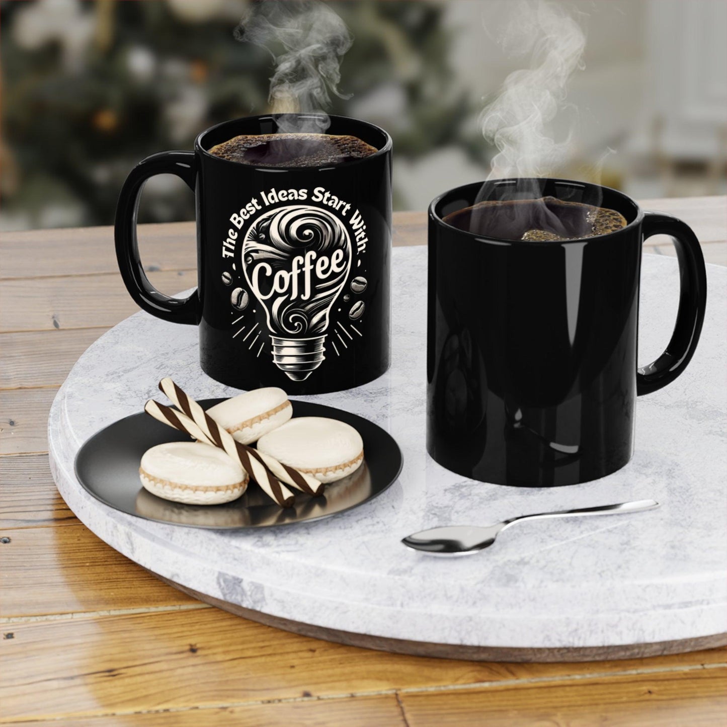 The Best Ideas Start With Coffee - Black Coffee Mug, 11oz - Creatively Designed Shop