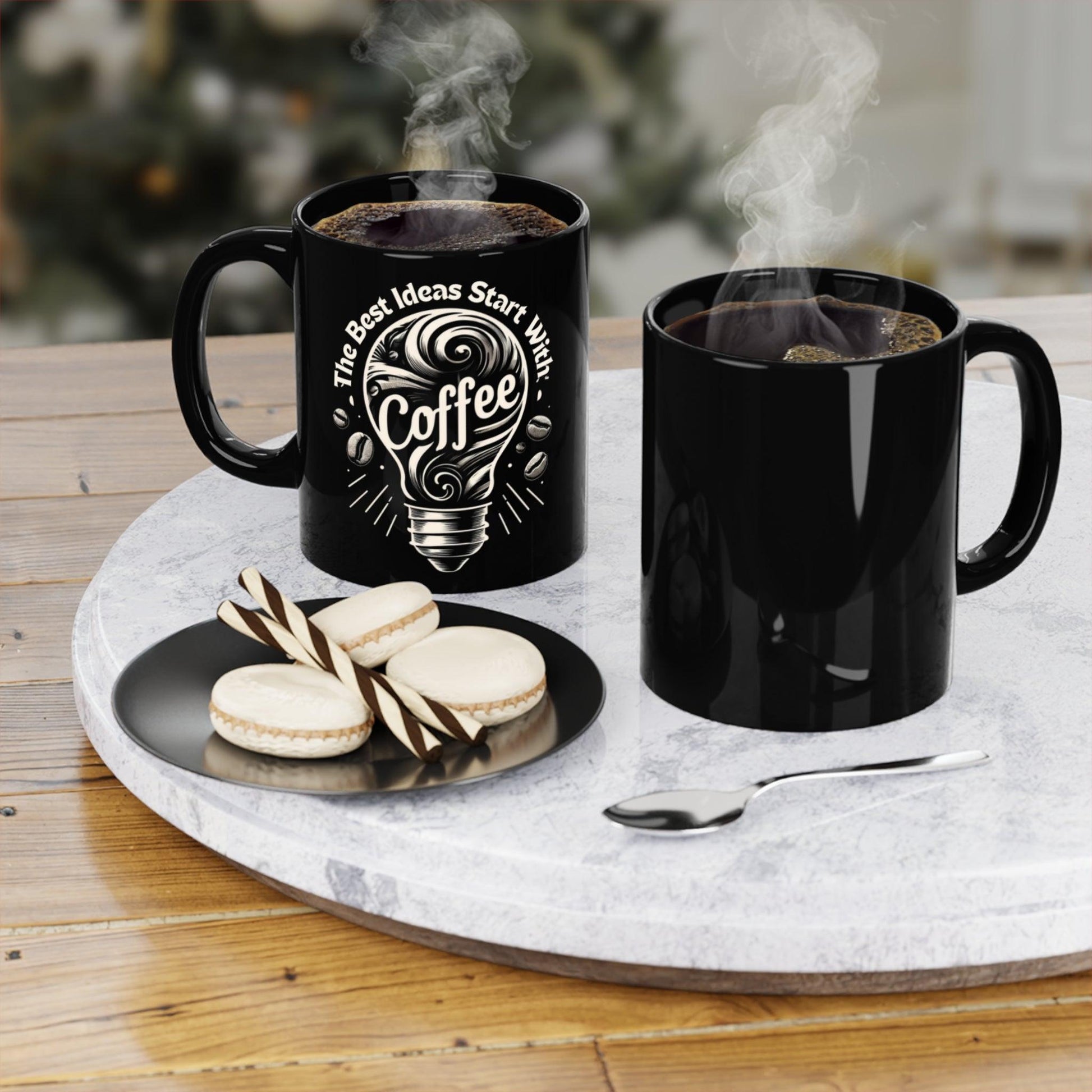 The Best Ideas Start With Coffee - Black Coffee Mug, 11oz - Creatively Designed Shop