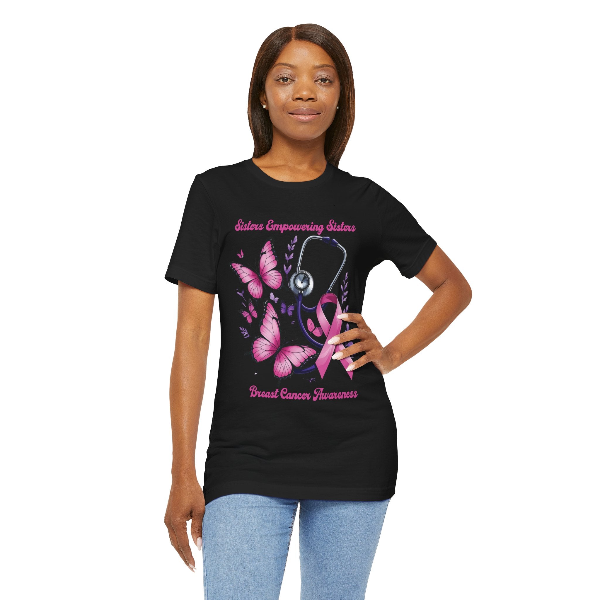 SES Breast Cancer Awareness "Butterflies, Ribbon & Stethoscope" - Unisex Jersey Short Sleeve Tee
