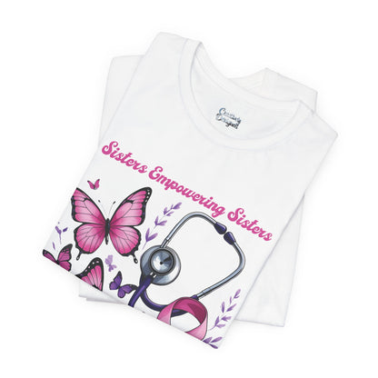 SES Breast Cancer Awareness "Butterflies, Ribbon & Stethoscope" - Unisex Jersey Short Sleeve Tee