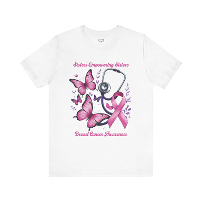 SES Breast Cancer Awareness "Butterflies, Ribbon & Stethoscope" - Unisex Jersey Short Sleeve Tee