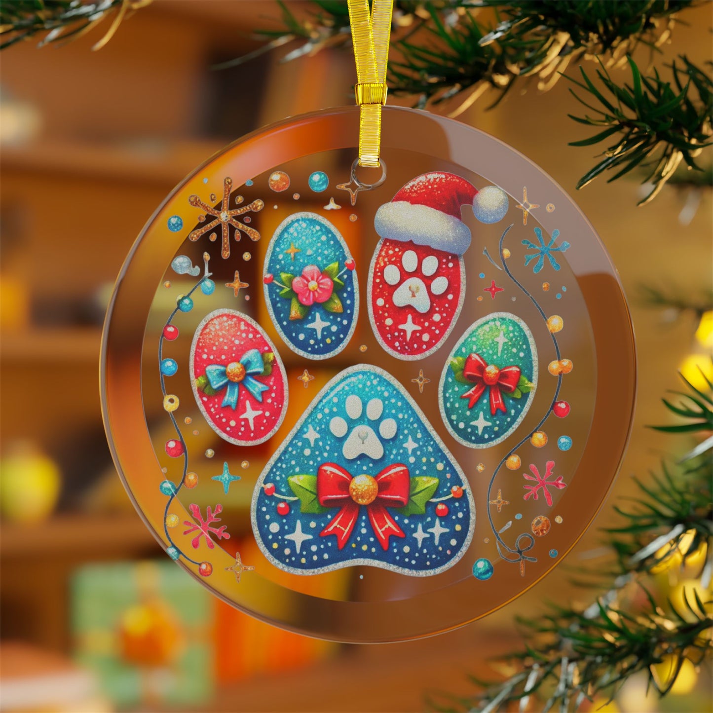 Festive Paw Print - Glass Ornaments