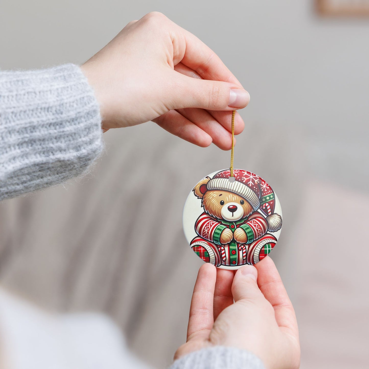 Teddy Bear in Pajamas - Ceramic Decoration Ornament, (1pc)