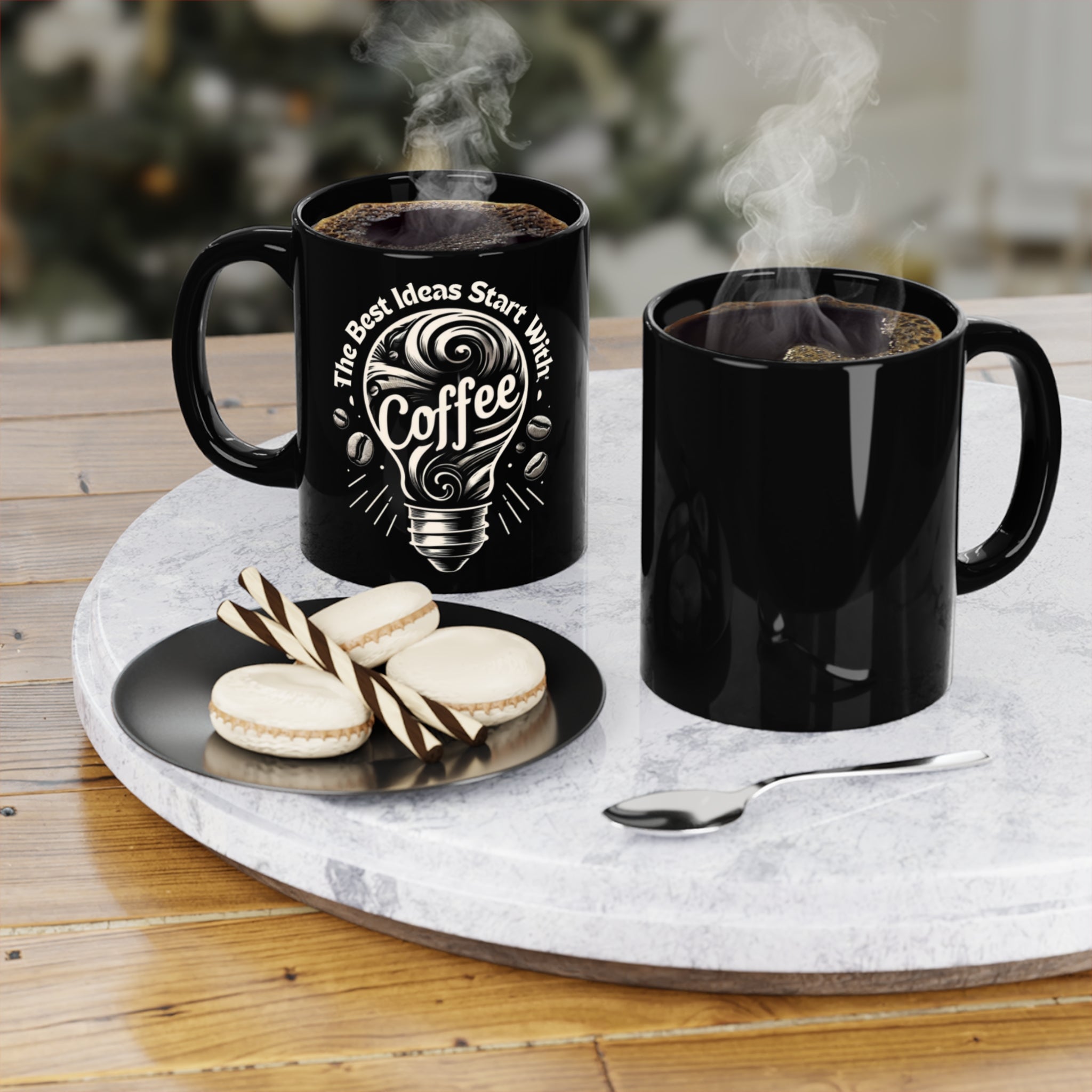 The Best Ideas Start With Coffee  - Black Coffee Mug, 11oz