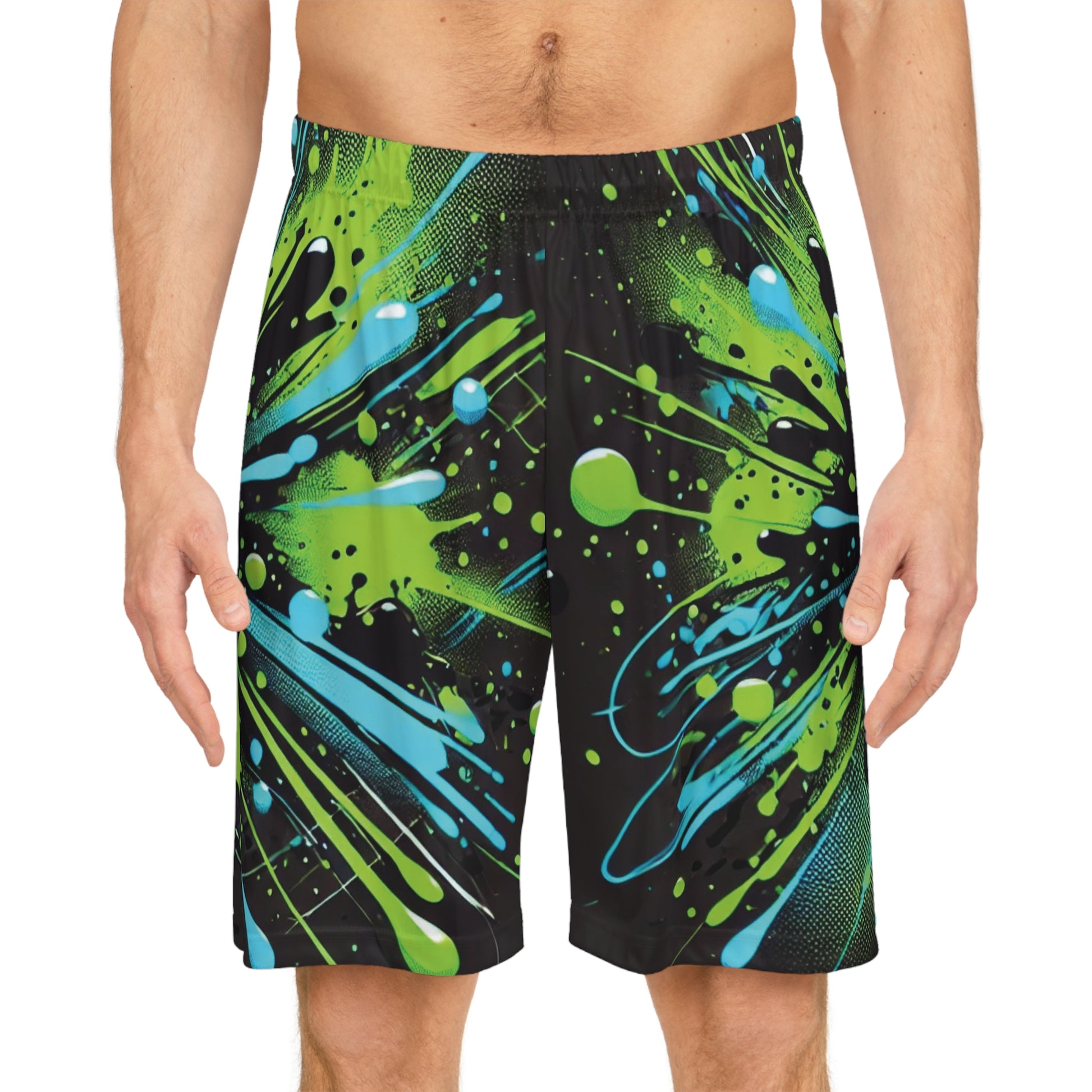 Green & Blue Paint Splatter - Basketball Shorts (AOP) - Creatively Designed Shop
