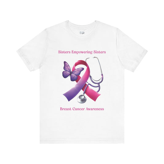 SES Breast Cancer Awareness - Butterfly, Ribbon, Stethoscope - Unisex Jersey Short Sleeve Tee