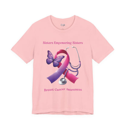 SES Breast Cancer Awareness - Butterfly, Ribbon, Stethoscope - Unisex Jersey Short Sleeve Tee