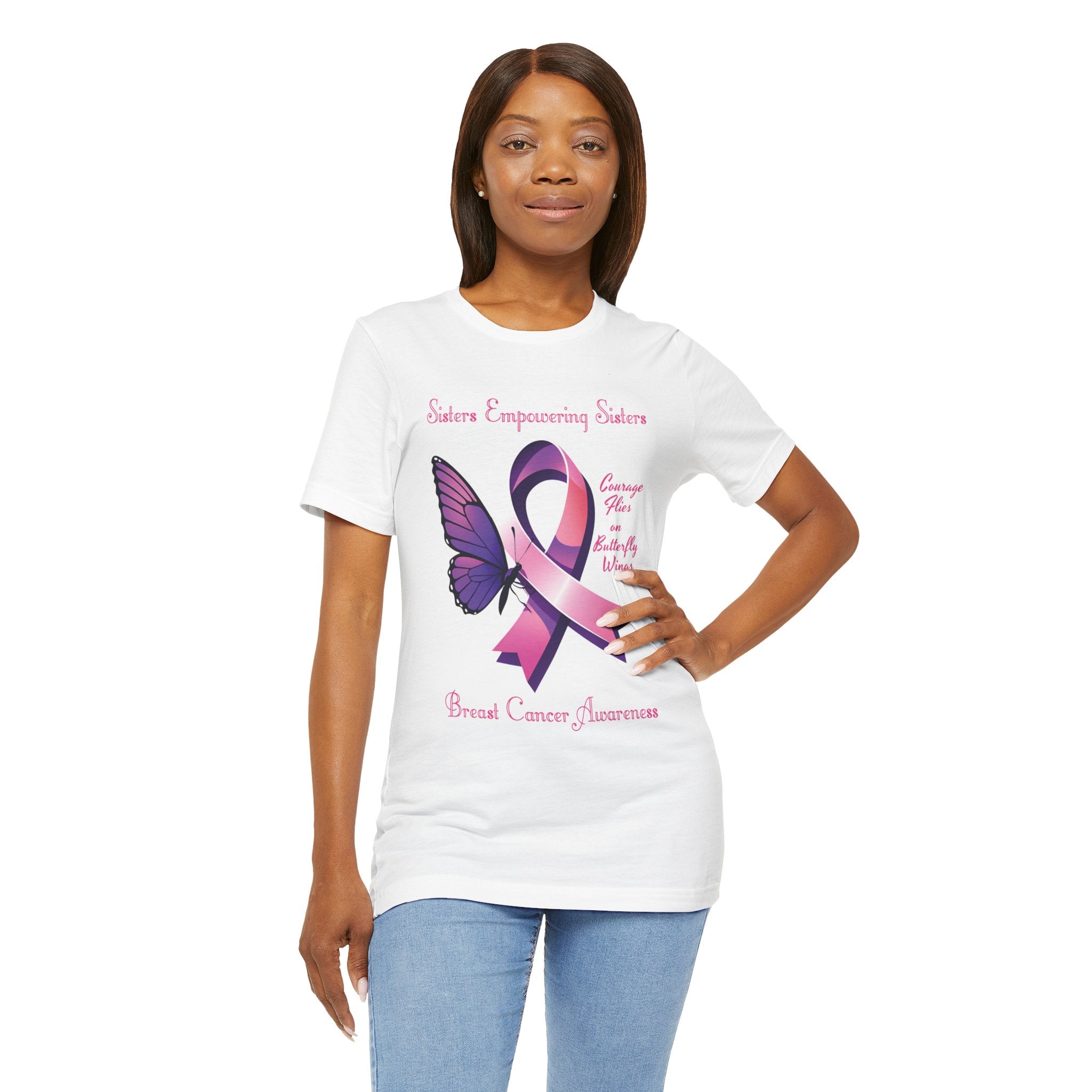 SES Breast Cancer Awareness "Courage Flies on Butterfly Wings" - Unisex Jersey Short Sleeve Tee