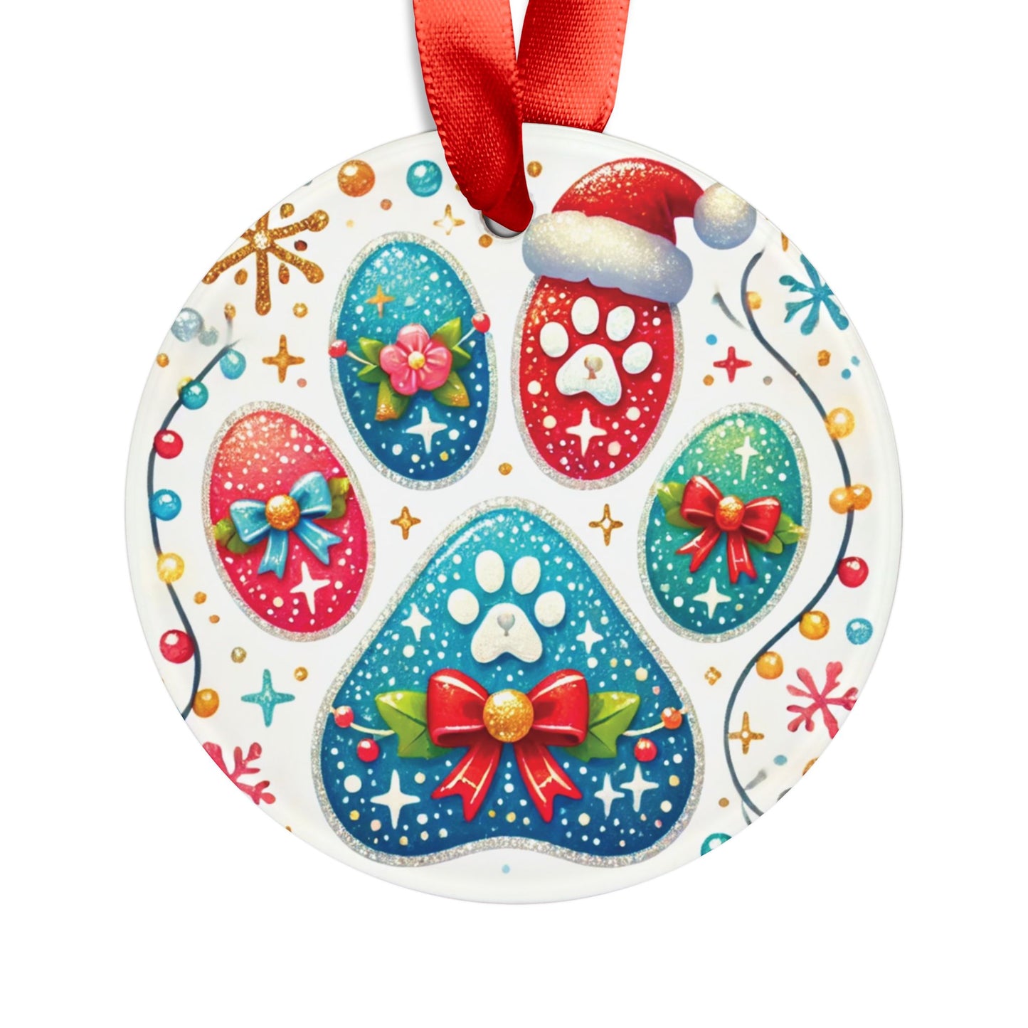 Festive Paw Print - Acrylic Ornament with Ribbon